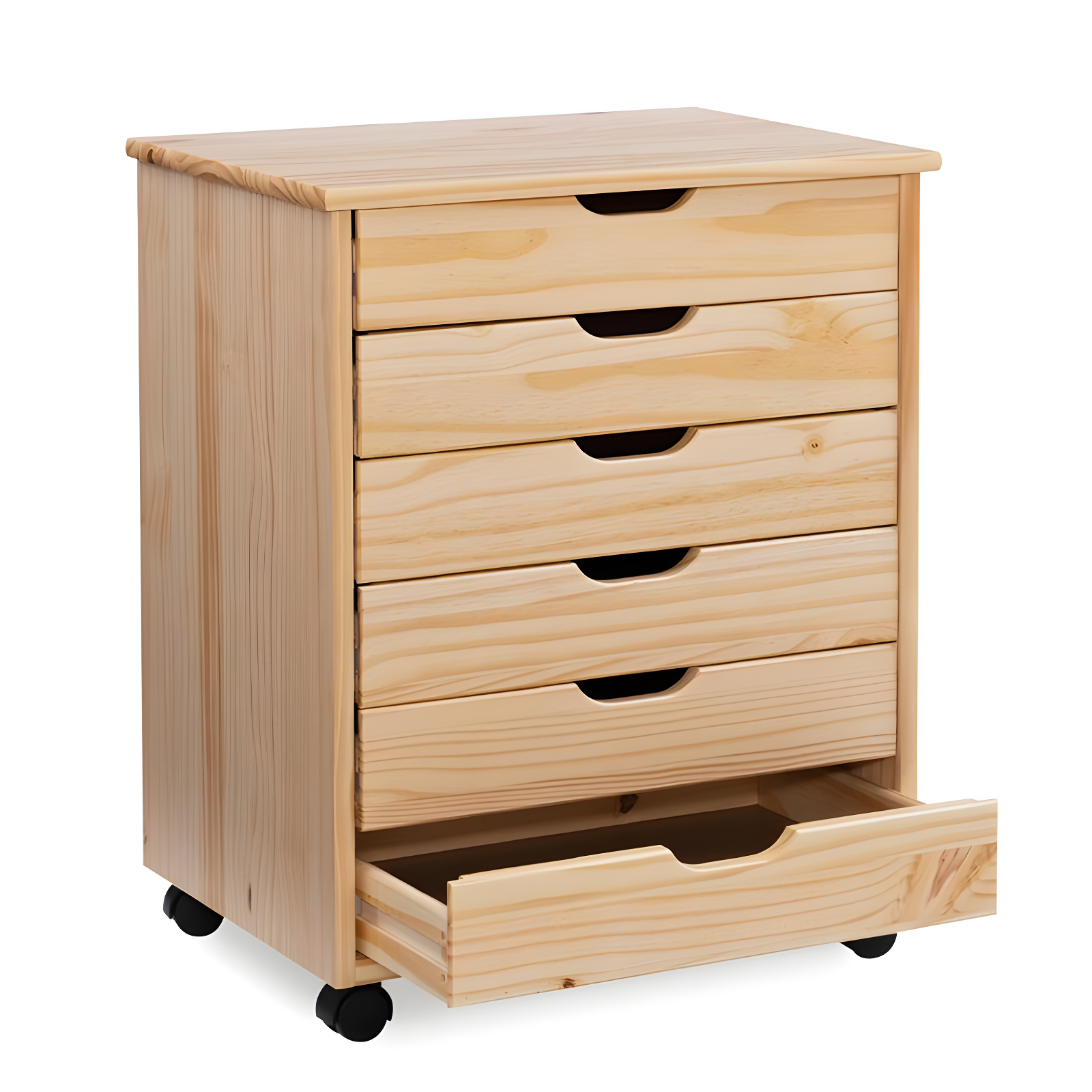 Cary Transitional 6 Drawer Solid Wood Contoured Handle Cut Out Wide Roll Cart Natural - Linon: Pine Frame, Farmhouse Style
