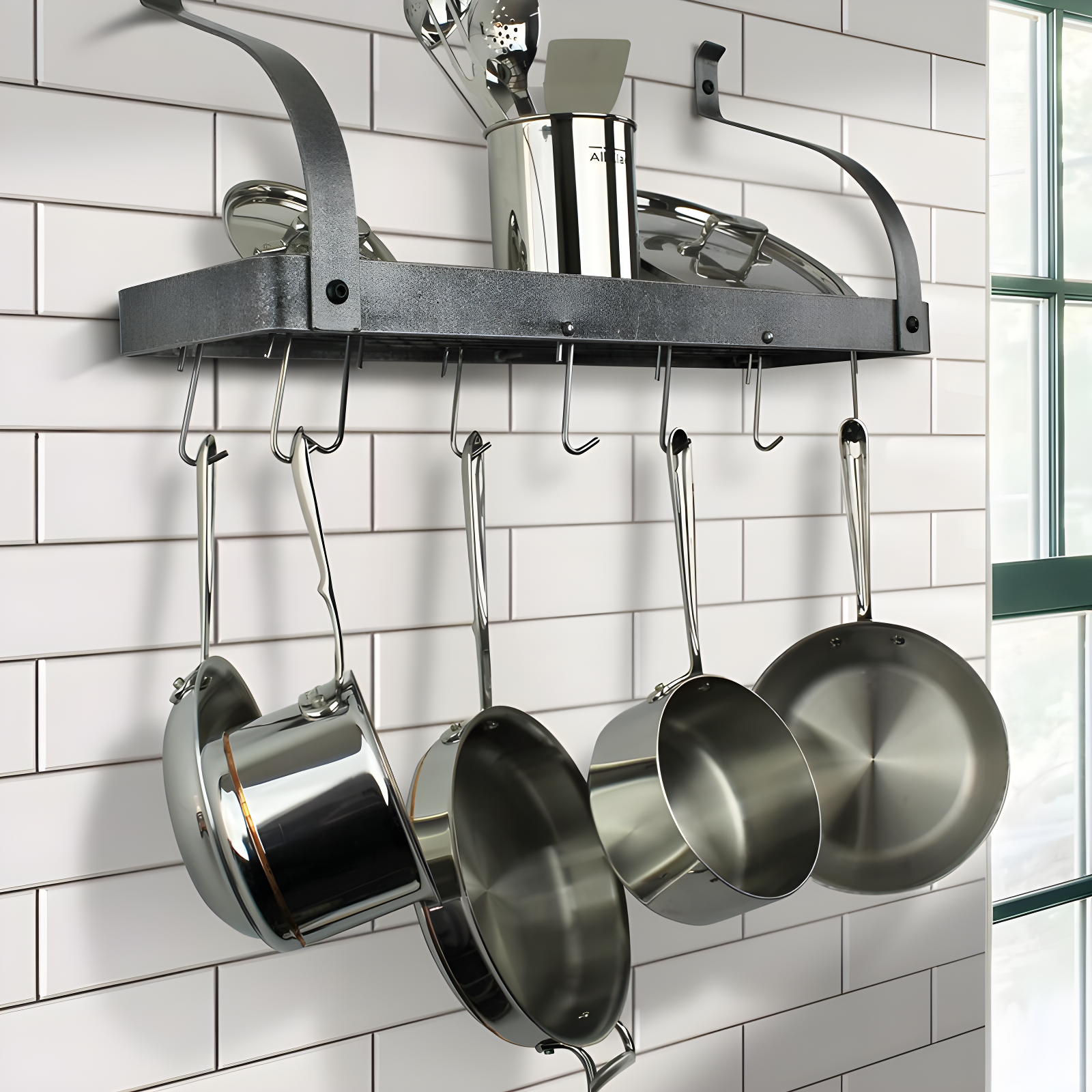Handcrafted Gourmet Bookshelf Wall Rack with Curved Arms & 12 Hooks