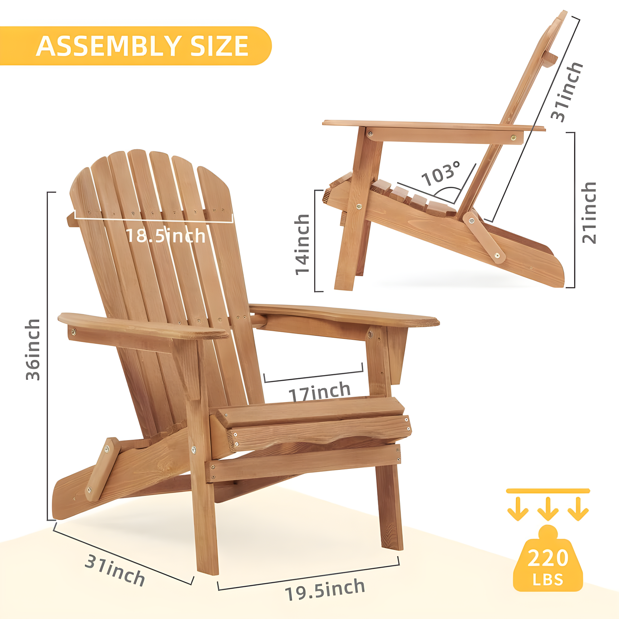 CLEARANCE! Wooden Outdoor Folding Adirondack Chair Set of 2 Wood Lounge Patio Chair for Garden,Garden, Lawn, Backyard, Deck, Pool Side, Fire Pit,Half Assembled,
