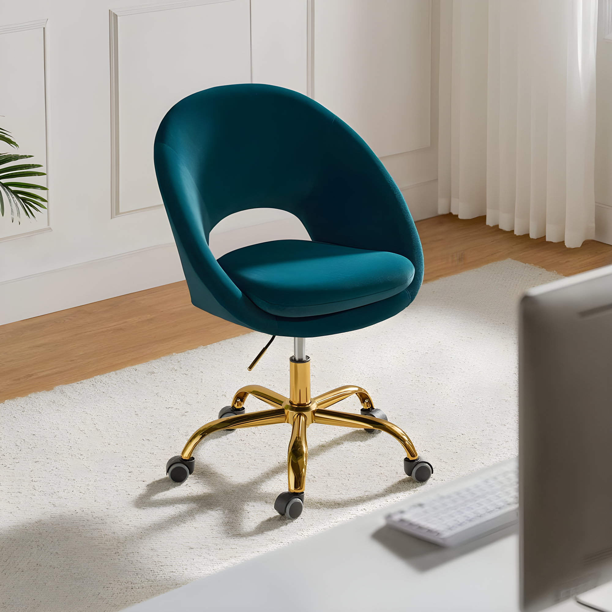 Modern Velvet Office Desk Chair Adjustable Swivel Upholstered Open Back Living Room Vanity Teal