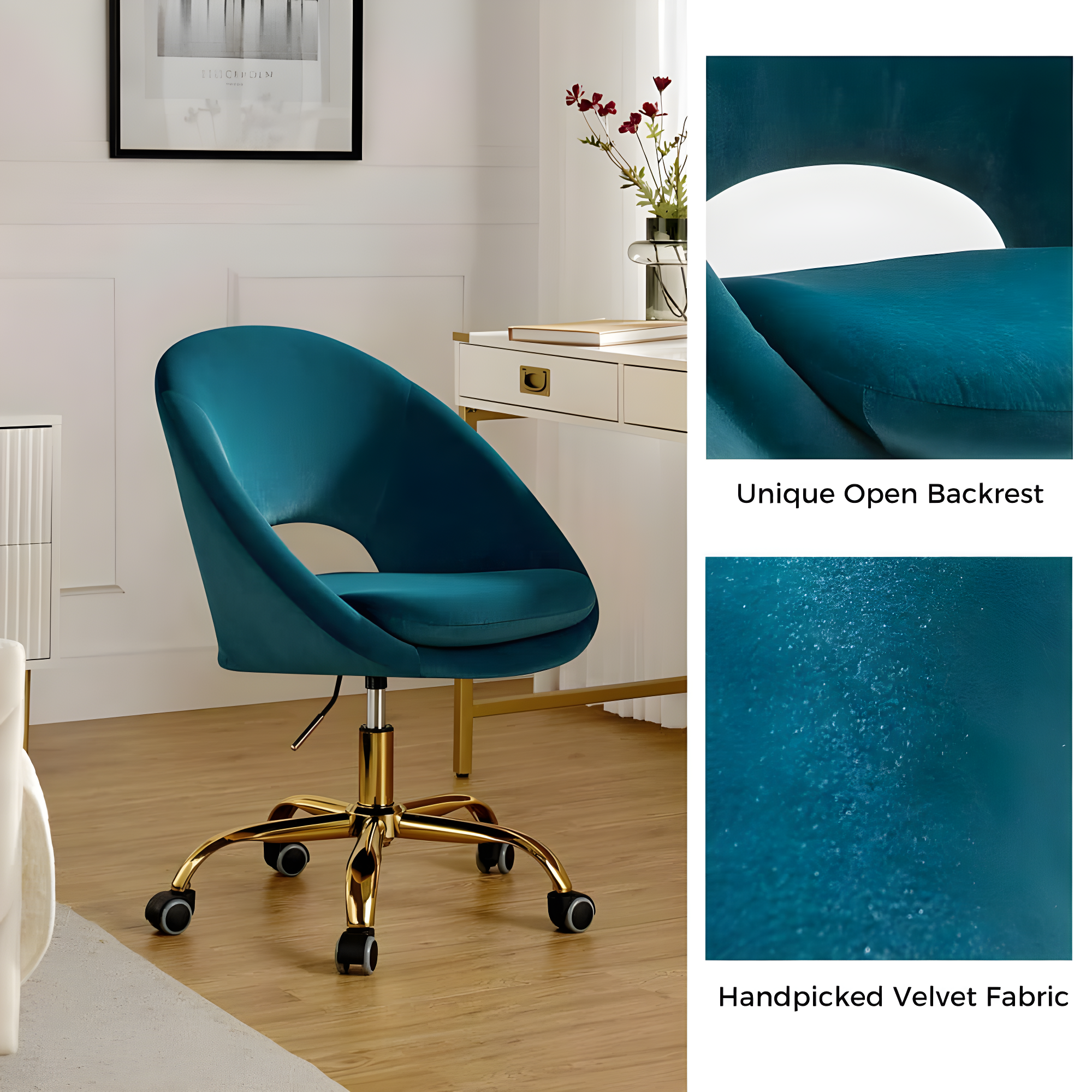 Modern Velvet Office Desk Chair Adjustable Swivel Upholstered Open Back Living Room Vanity Teal