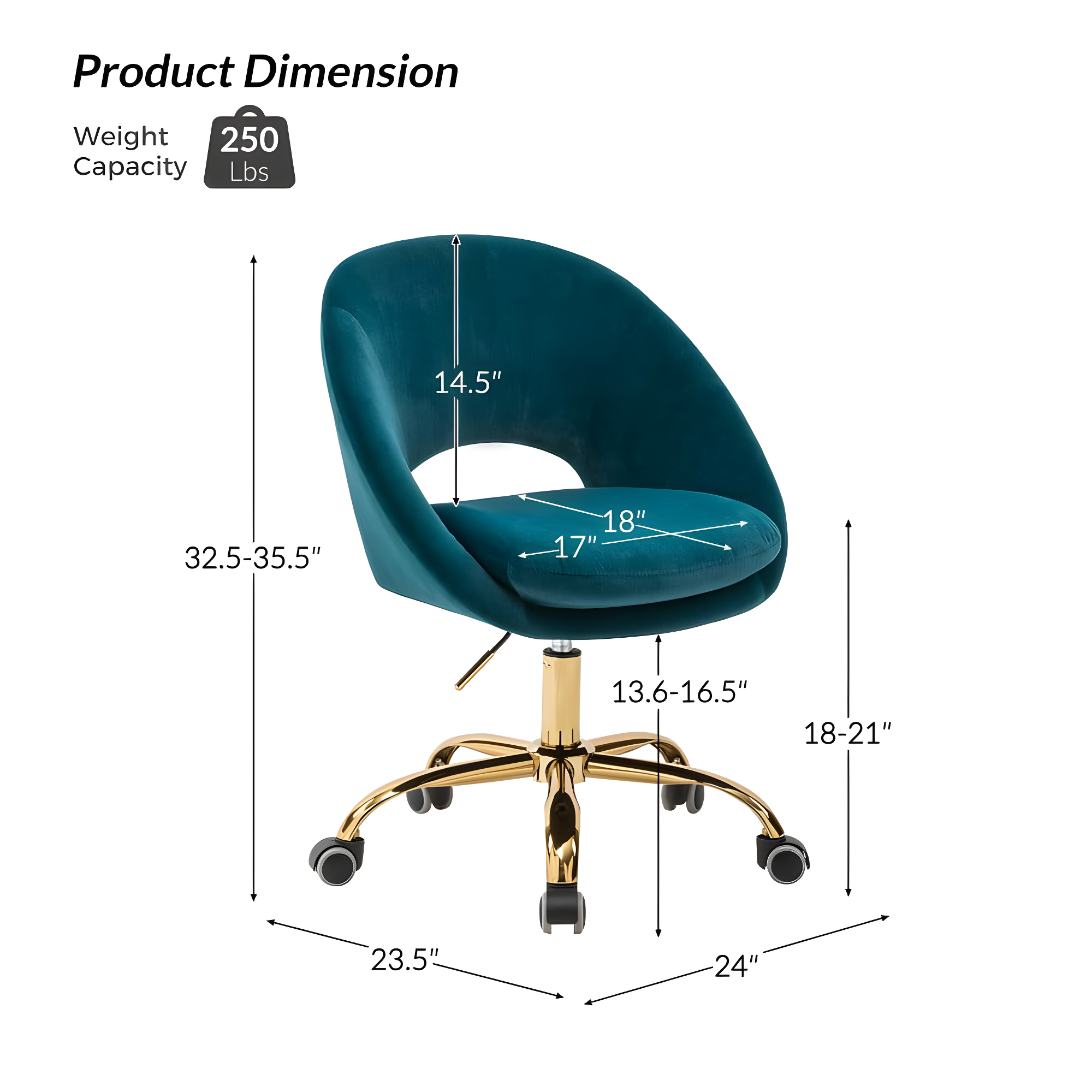 Modern Velvet Office Desk Chair Adjustable Swivel Upholstered Open Back Living Room Vanity Teal