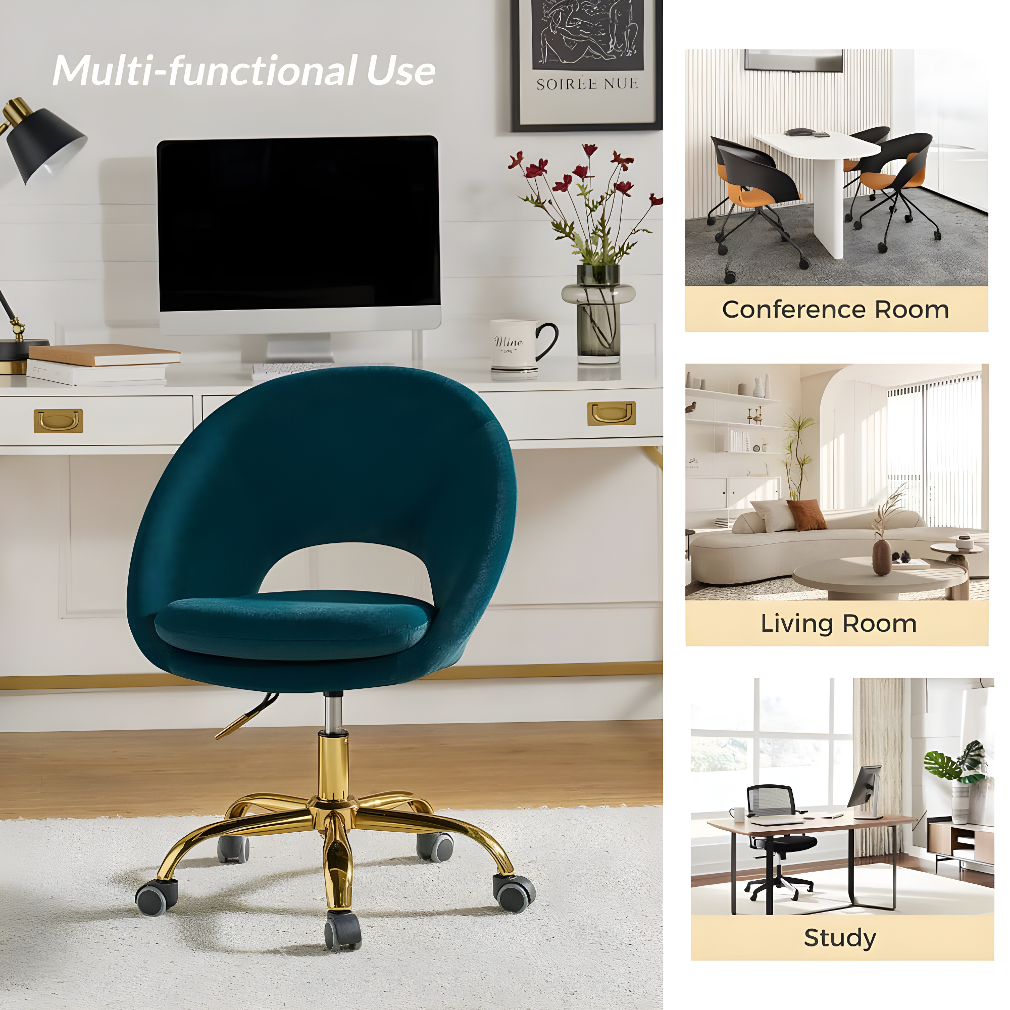 Modern Velvet Office Desk Chair Adjustable Swivel Upholstered Open Back Living Room Vanity Teal