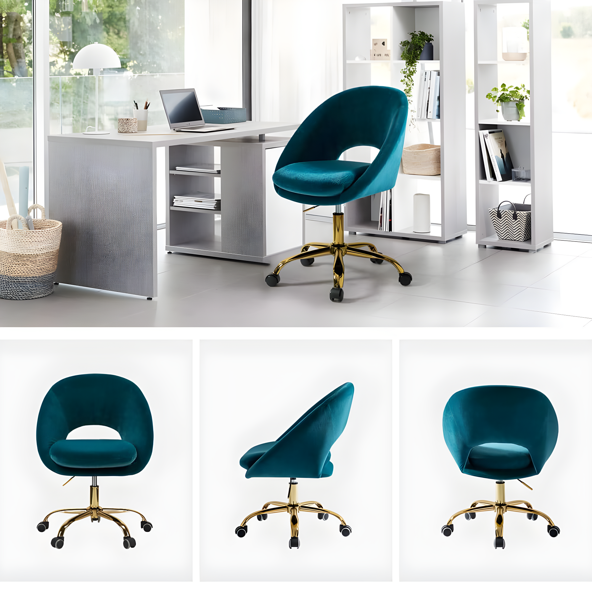 Modern Velvet Office Desk Chair Adjustable Swivel Upholstered Open Back Living Room Vanity Teal