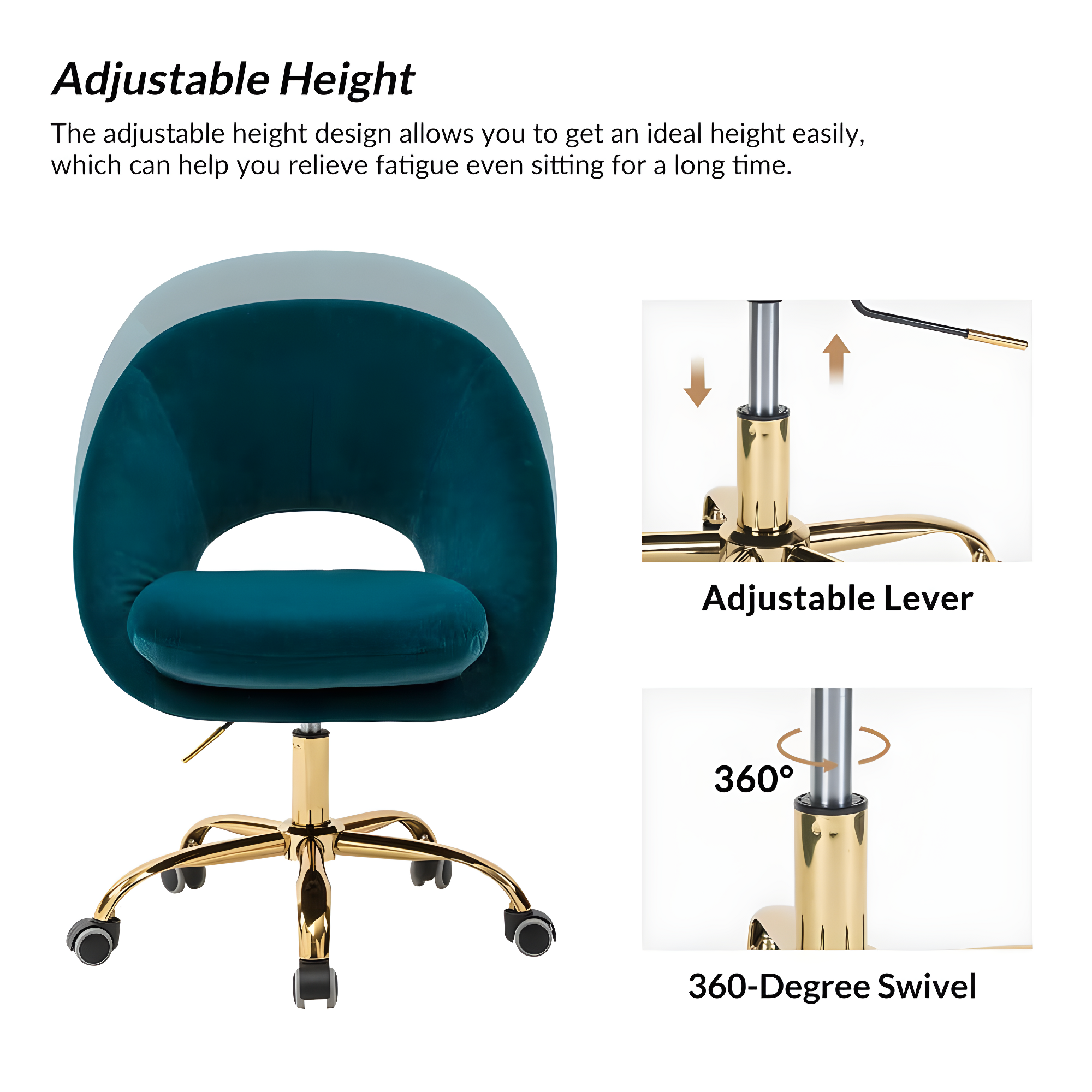 Modern Velvet Office Desk Chair Adjustable Swivel Upholstered Open Back Living Room Vanity Teal