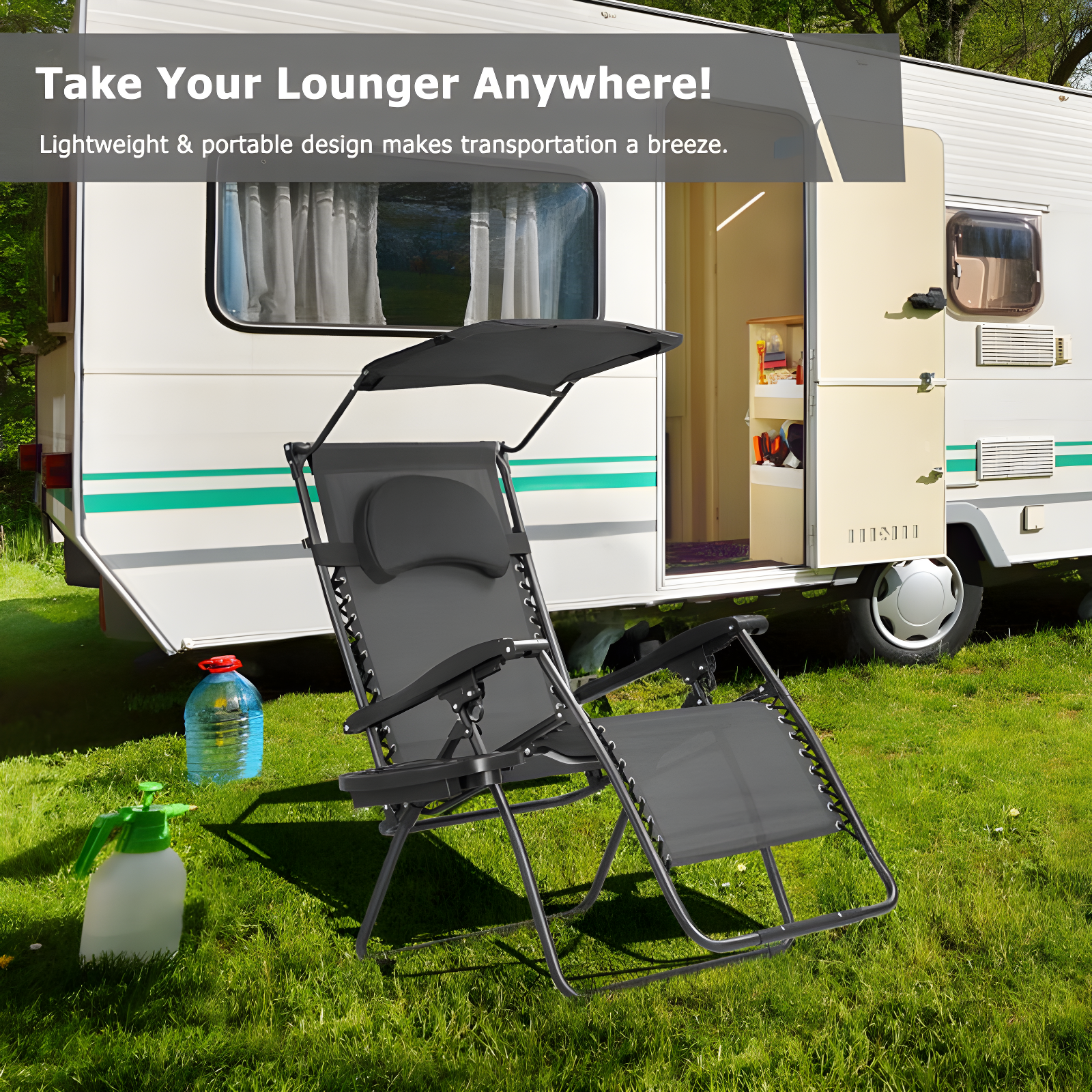 Arlmont & Co. Outdoor Folding Recliner Lounge Chair with Shade Canopy And Cup Holder