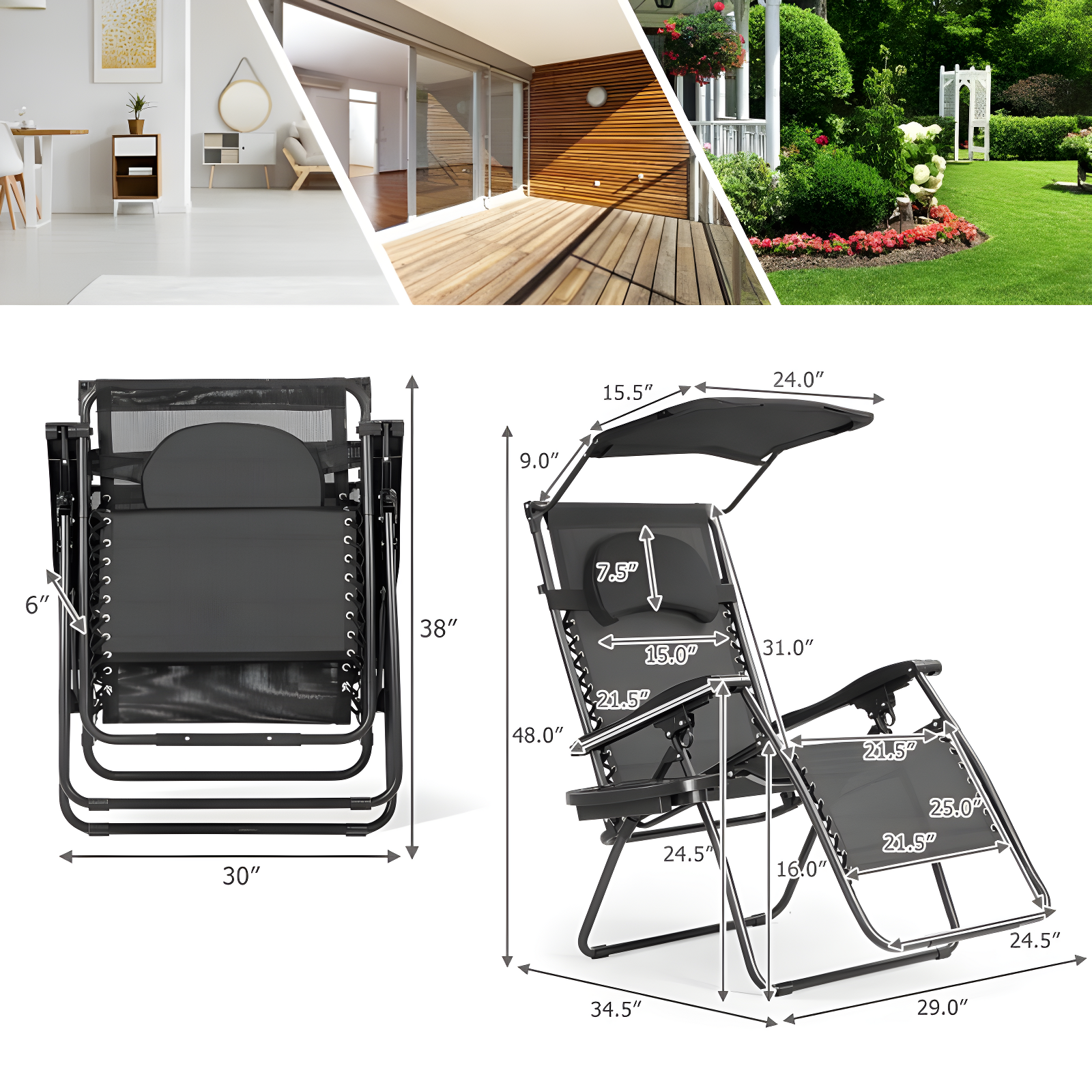 Arlmont & Co. Outdoor Folding Recliner Lounge Chair with Shade Canopy And Cup Holder