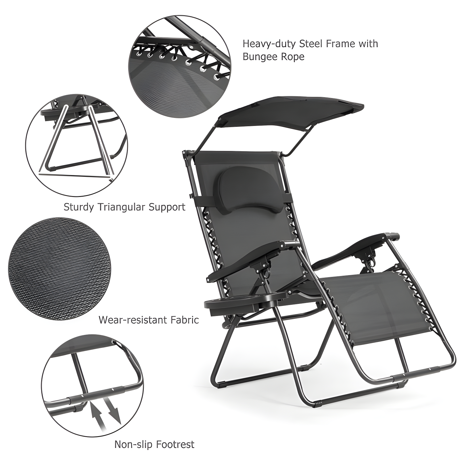 Arlmont & Co. Outdoor Folding Recliner Lounge Chair with Shade Canopy And Cup Holder