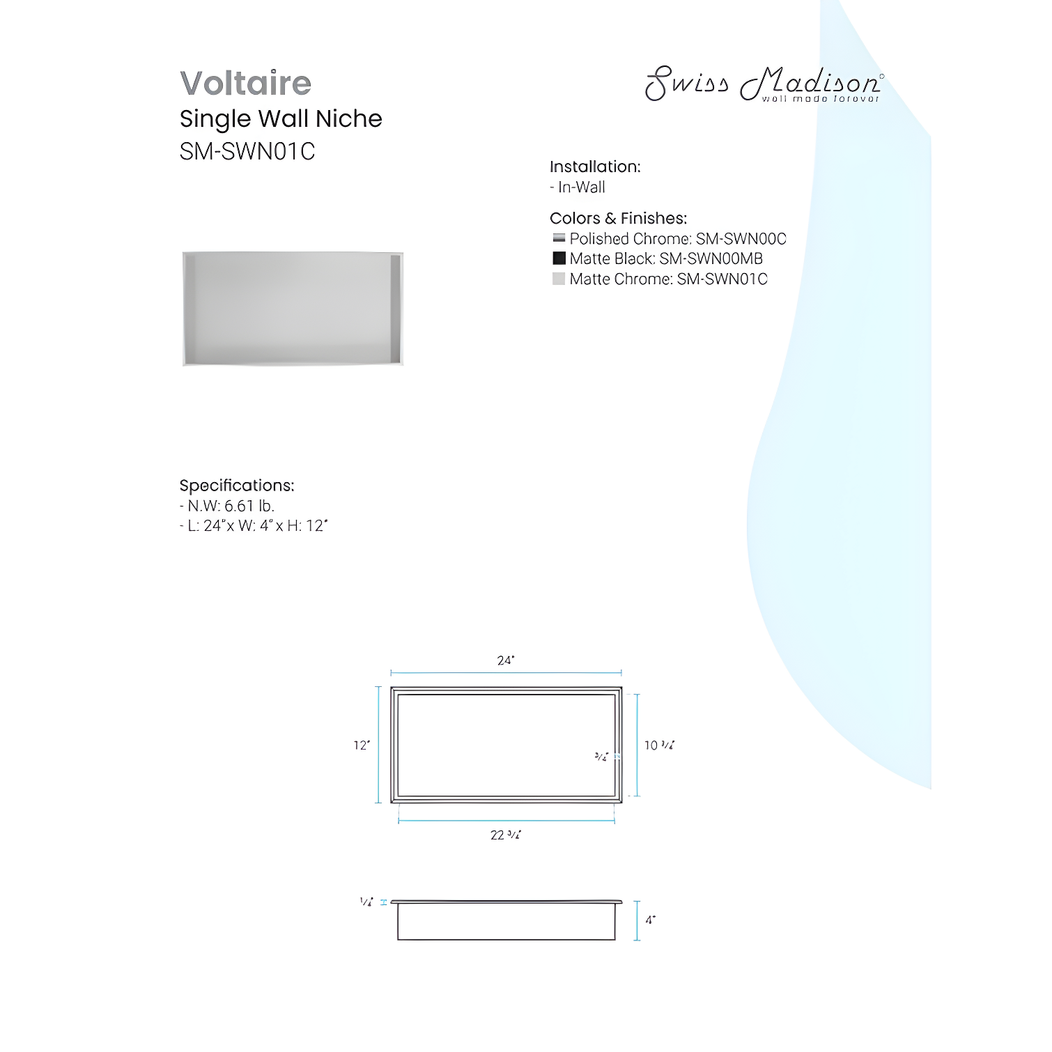 Voltaire 12" x 24" Stainless Steel Single Shelf Wall Niche