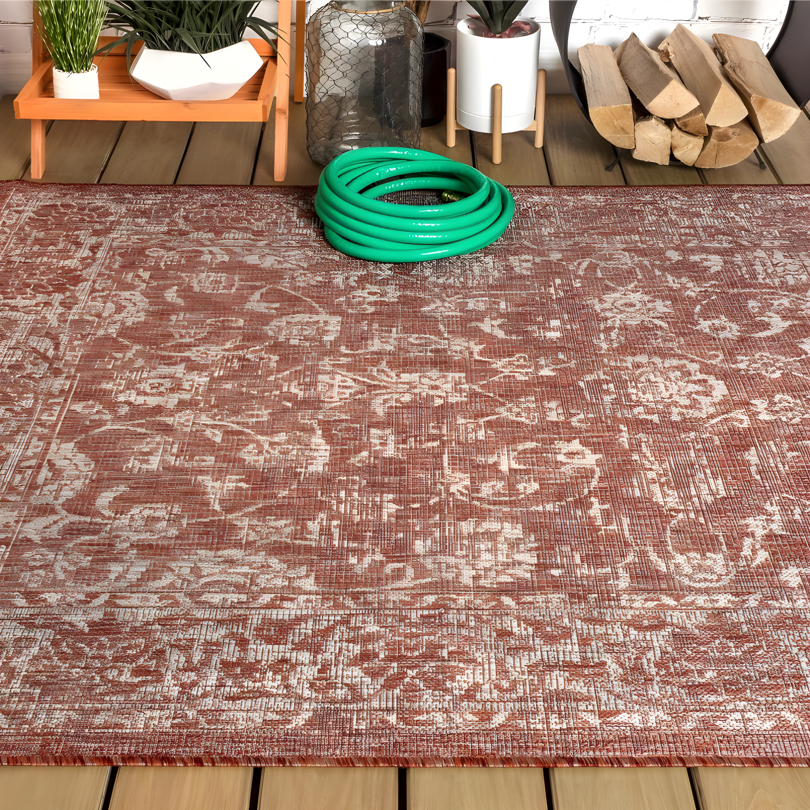 8'x10' Tela Bohemian Textured Weave Floral Indoor/Outdoor Area Rug, Red/Taupe - JONATHAN Y