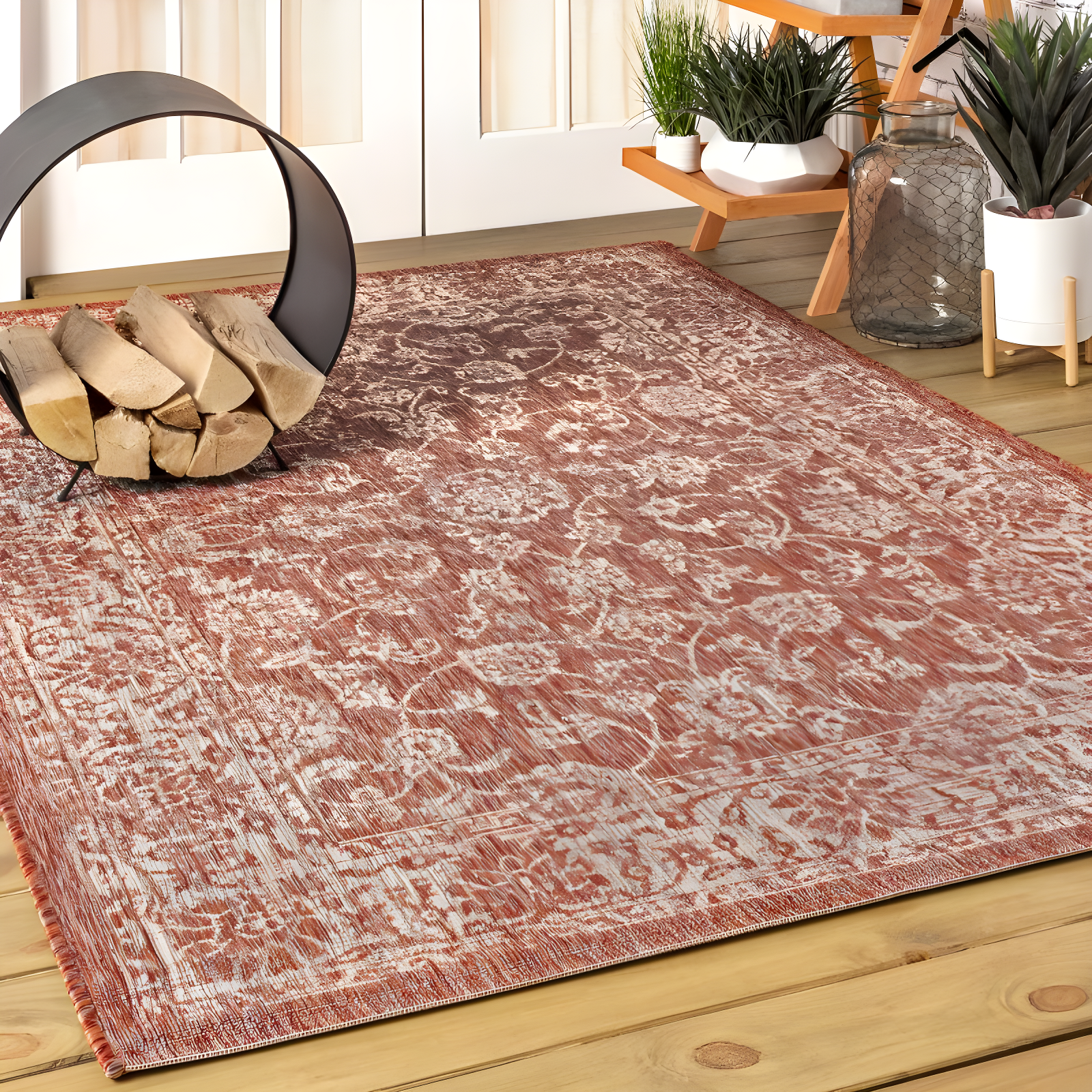 8'x10' Tela Bohemian Textured Weave Floral Indoor/Outdoor Area Rug, Red/Taupe - JONATHAN Y