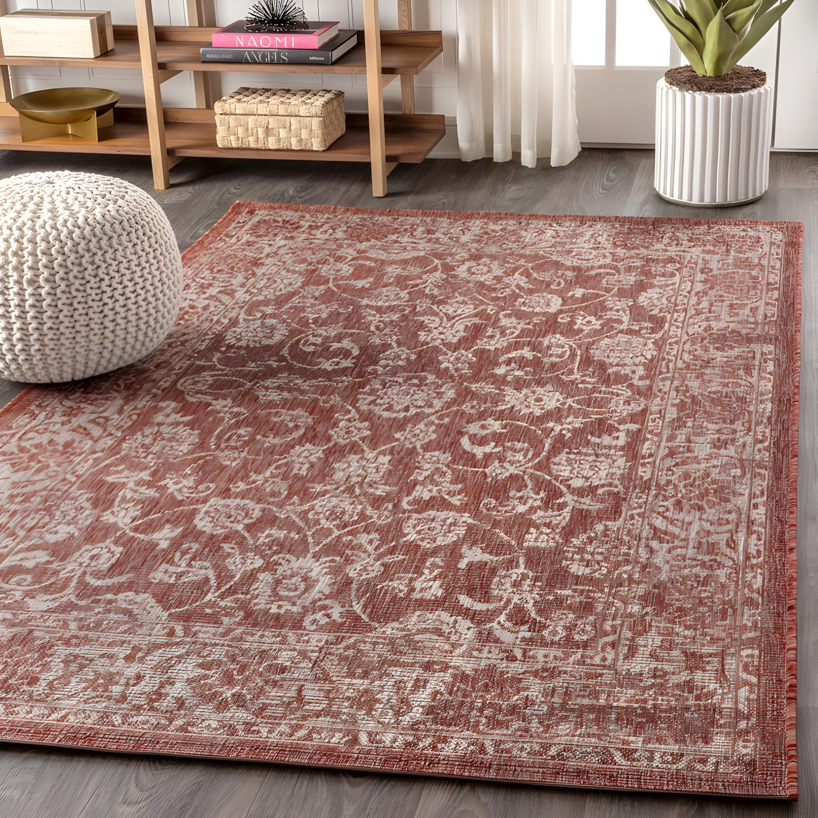 8'x10' Tela Bohemian Textured Weave Floral Indoor/Outdoor Area Rug, Red/Taupe - JONATHAN Y