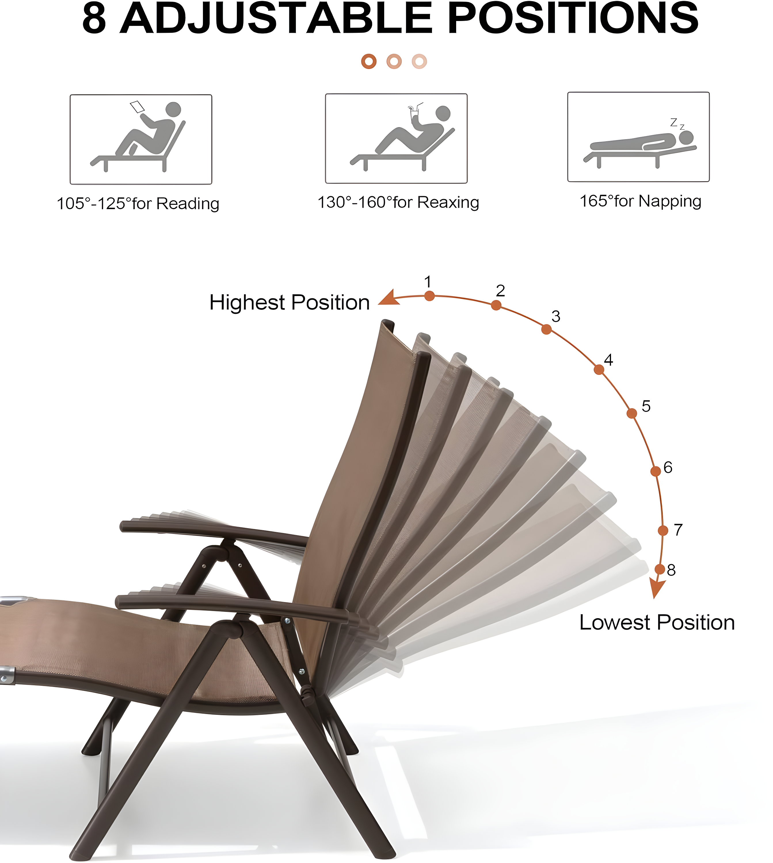 Crestlive Products  Outdoor Aluminum Folding Recliner Adjustable Chaise Lounge (Set of 2) - See Picture Brown Fabric, Brown Farme
