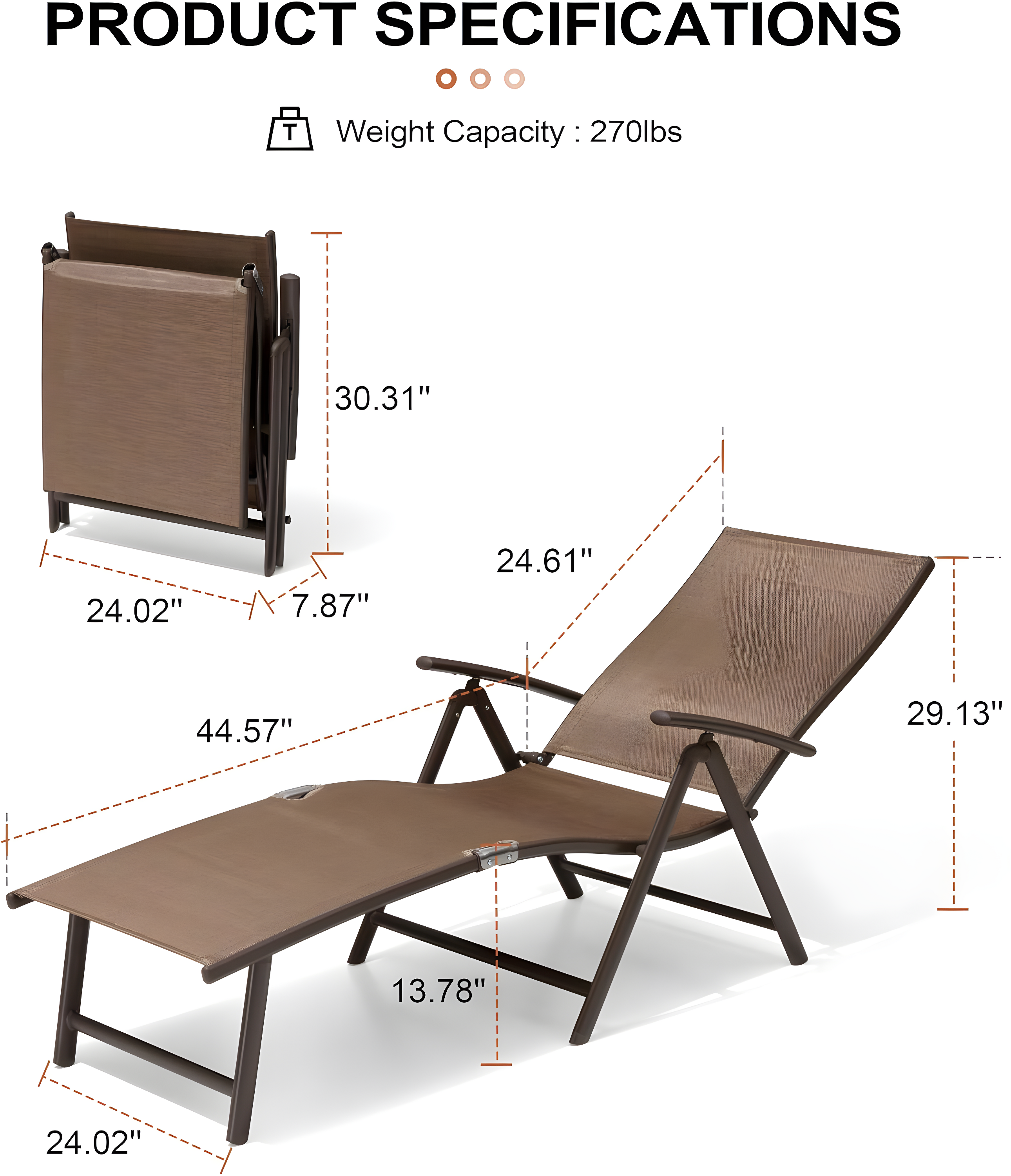 Crestlive Products  Outdoor Aluminum Folding Recliner Adjustable Chaise Lounge (Set of 2) - See Picture Brown Fabric, Brown Farme