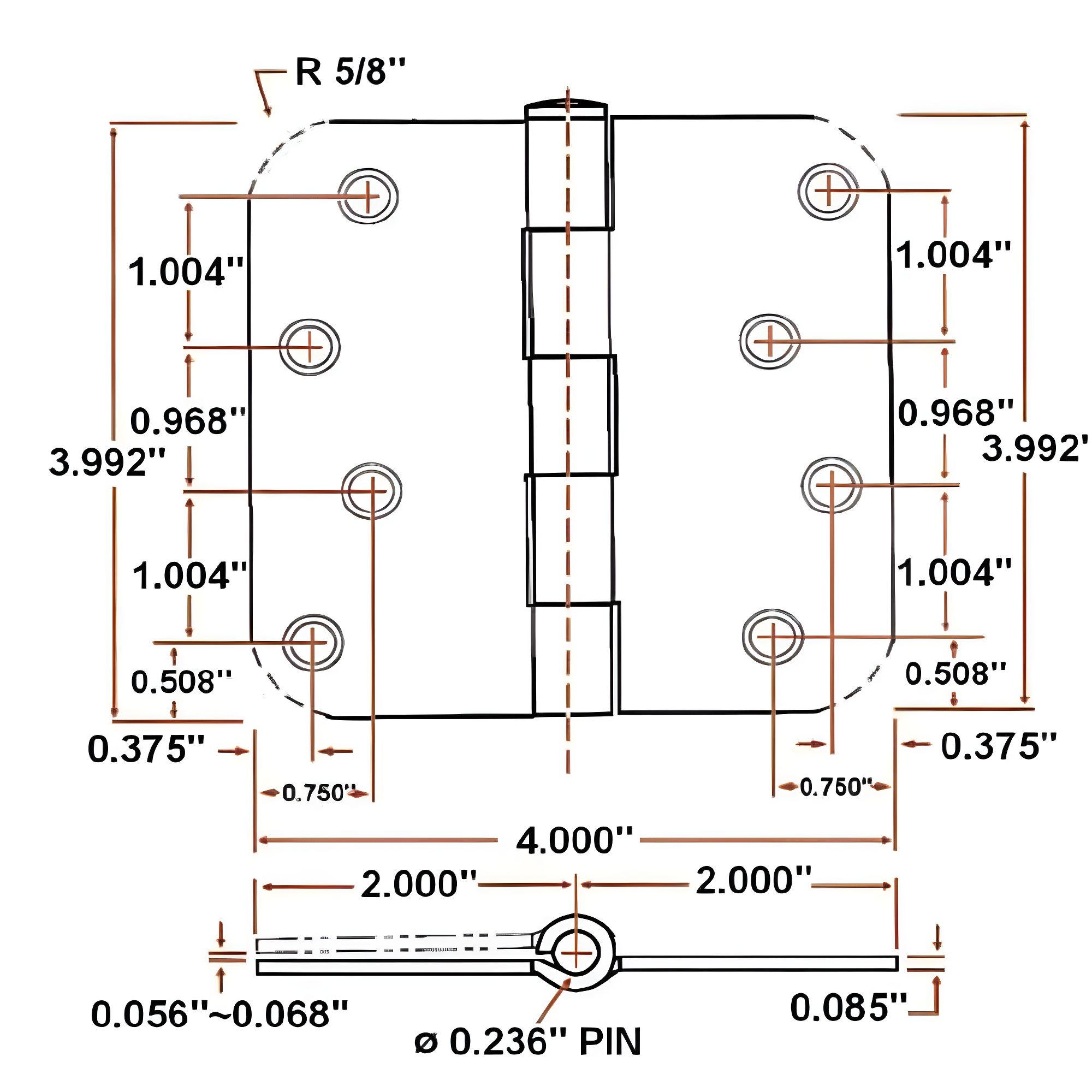 Design House Door Hinge 4-Inch, 5/8-inch Radius, 3-Pack (Set of 3)