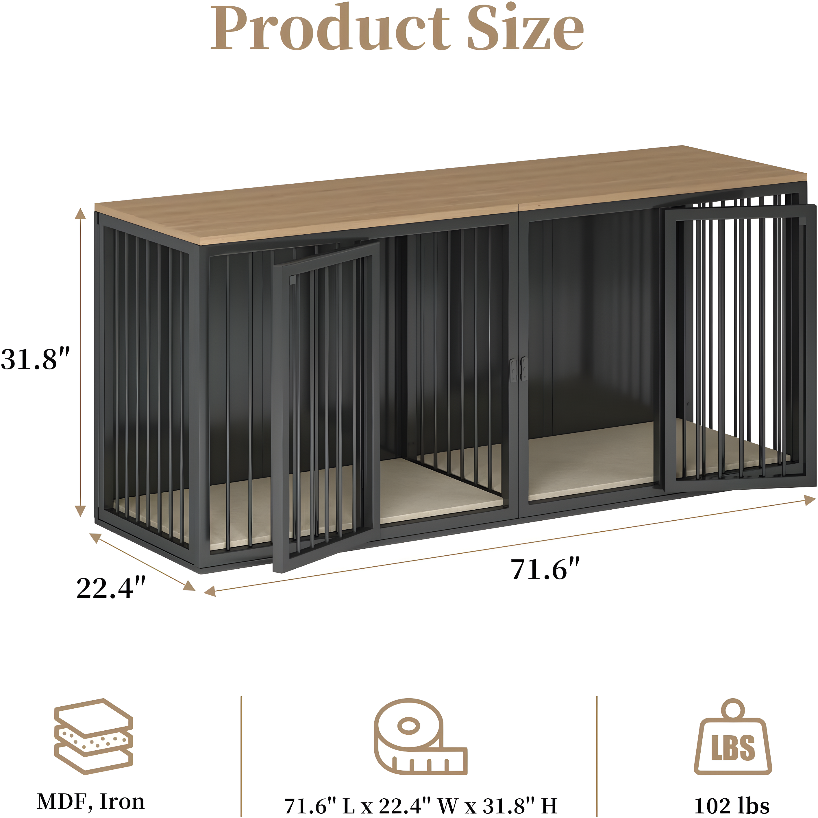 Tucker Murphy Pet™ Large Dog Crate Furniture for 2 Dogs, 71.6'' Steel Frame Dog Crate with Double Doors, Heavy Sturdy Dog Kennel