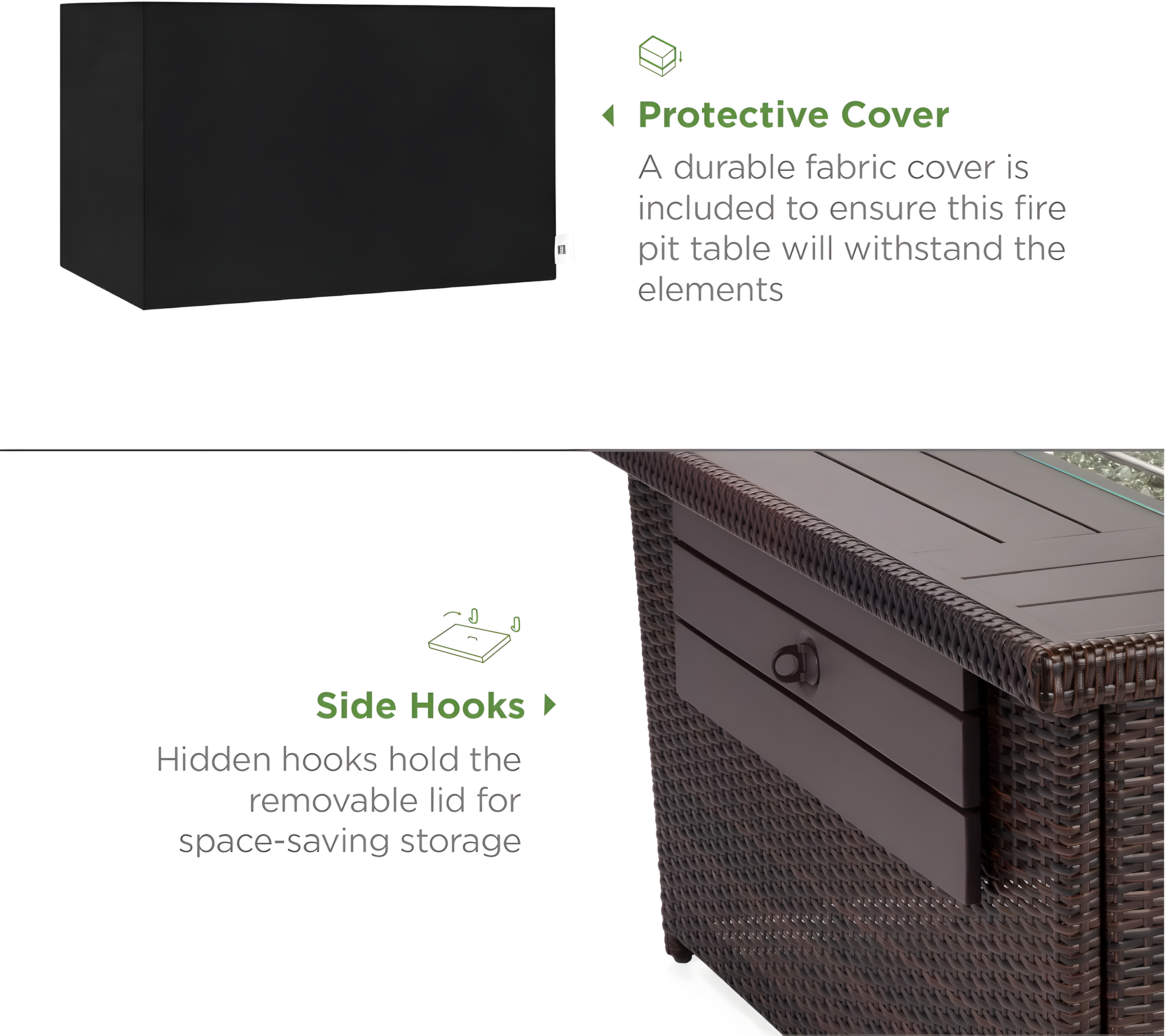 Wicker Propane Fire Pit Table, 50,000 BTU W/ Glass Wind Guard, Cover - 52In