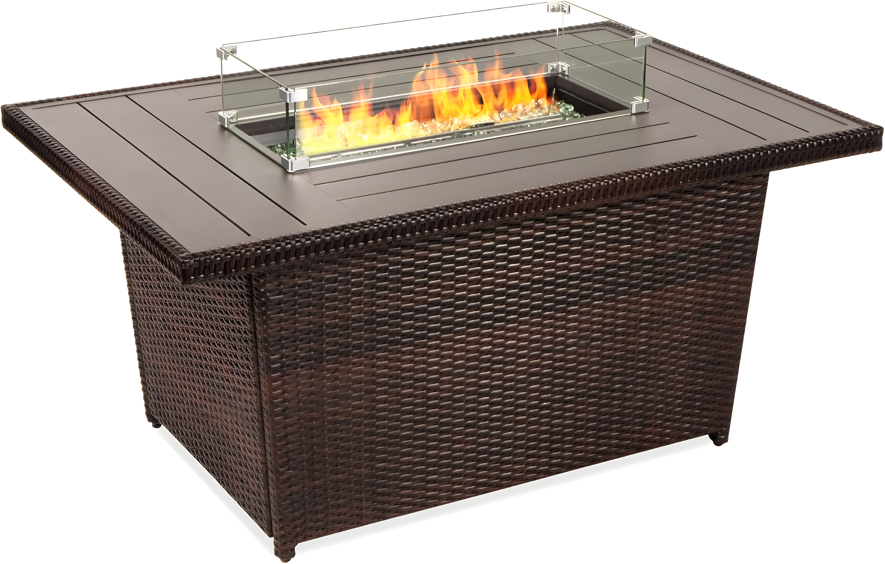 Wicker Propane Fire Pit Table, 50,000 BTU W/ Glass Wind Guard, Cover - 52In