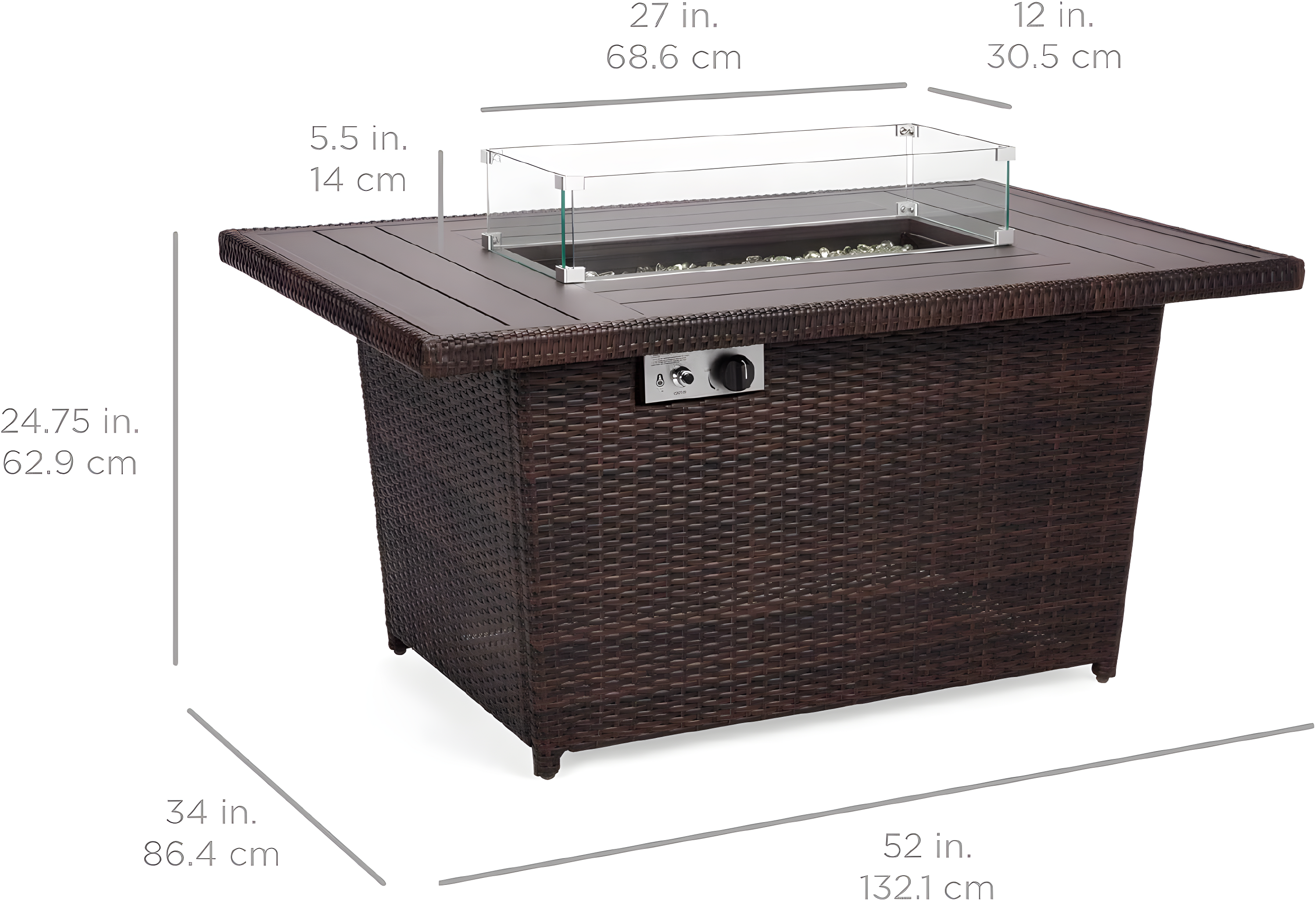 Wicker Propane Fire Pit Table, 50,000 BTU W/ Glass Wind Guard, Cover - 52In
