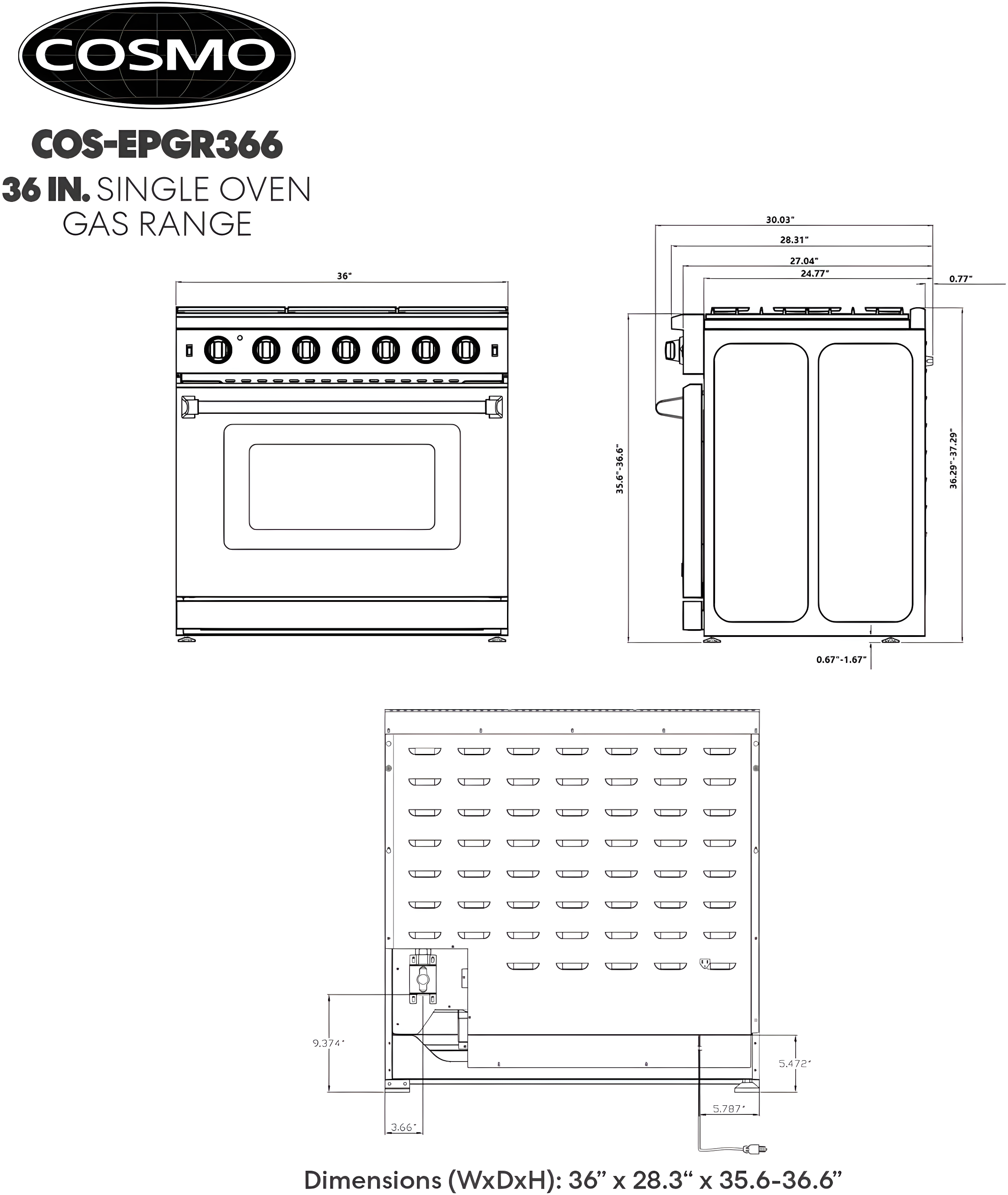 Cosmo 36 in. Haven Collection 6.0 cu. ft. Gas Range, 6 Burners, Convection Oven, Knob LEDs, Storage Drawer, Stainless Steel