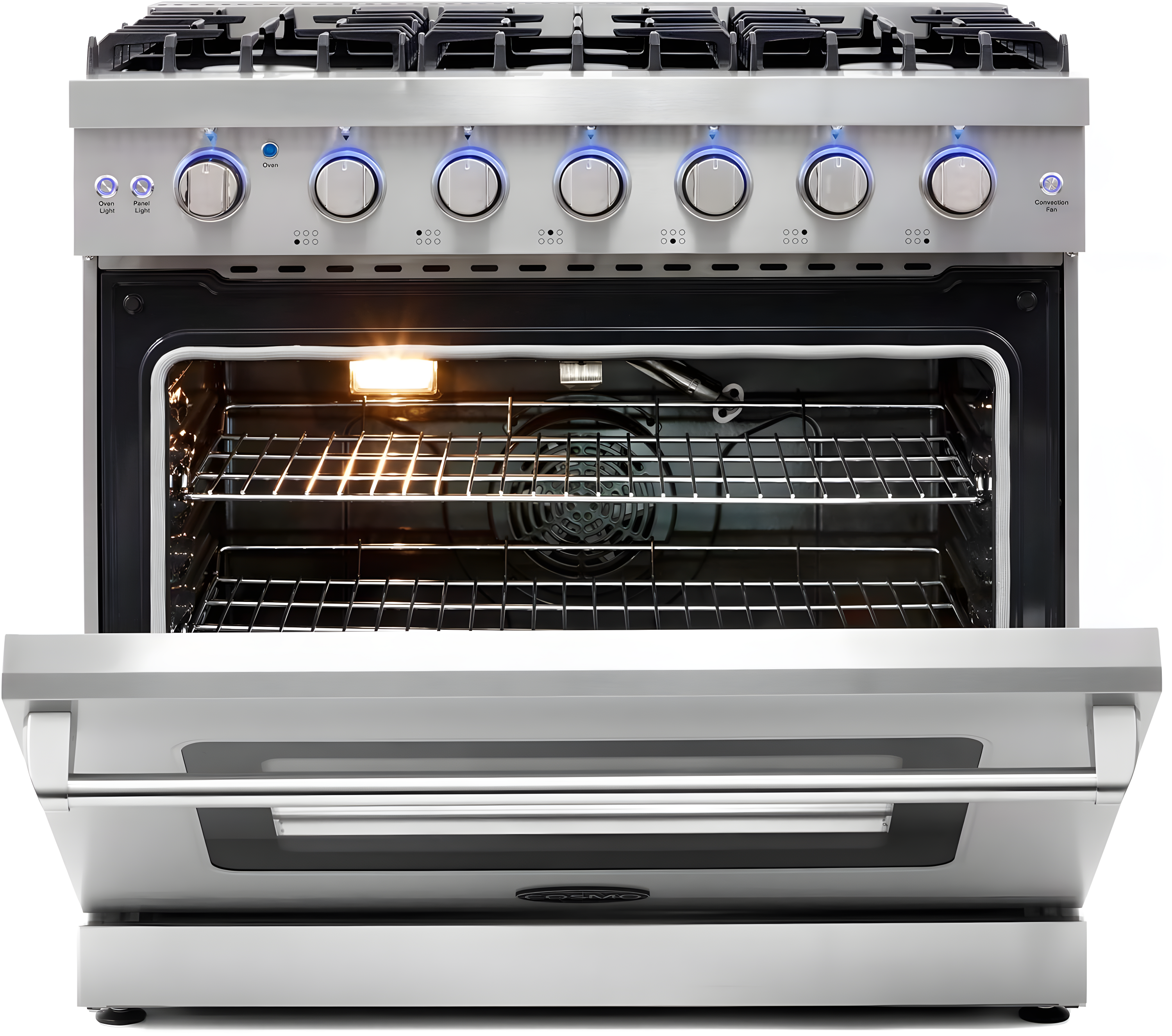 Cosmo 36 in. Haven Collection 6.0 cu. ft. Gas Range, 6 Burners, Convection Oven, Knob LEDs, Storage Drawer, Stainless Steel