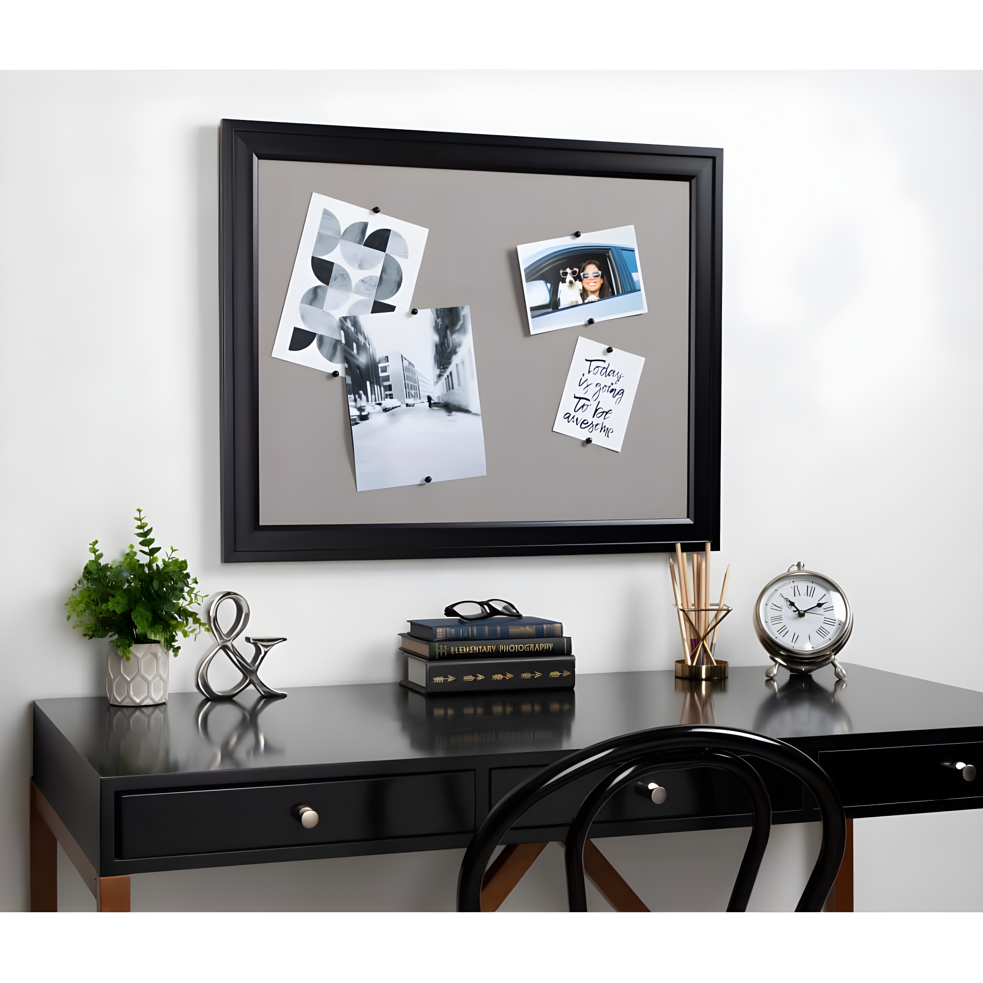 Black Framed Gray Linen Fabric Pinboard, 23.5 x 29.5