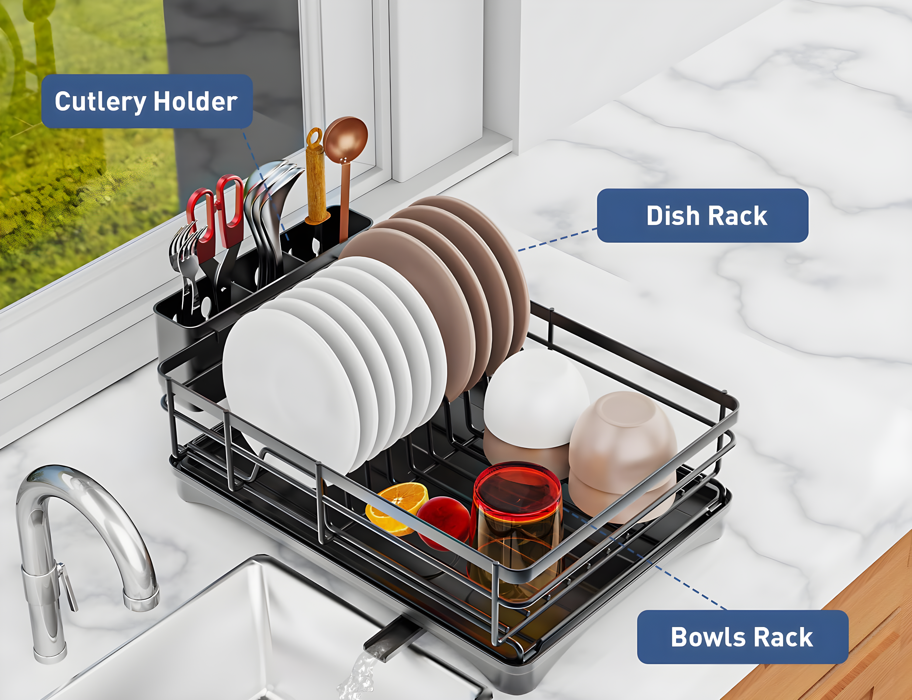 Large Dish Drying Rack for Kitchen Counter with Auto Draining Drain Broad and Removable Cutlery Holder