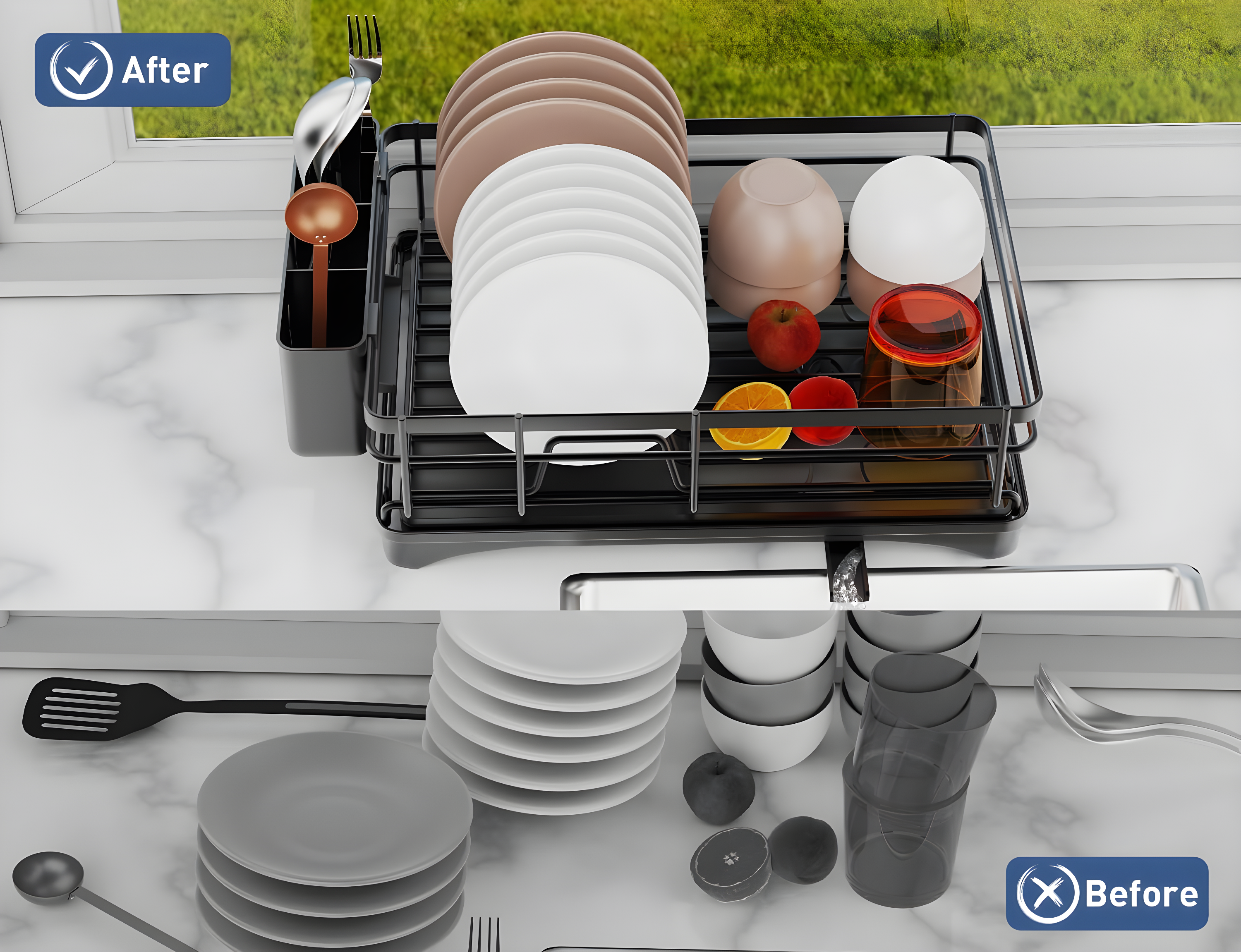 Large Dish Drying Rack for Kitchen Counter with Auto Draining Drain Broad and Removable Cutlery Holder