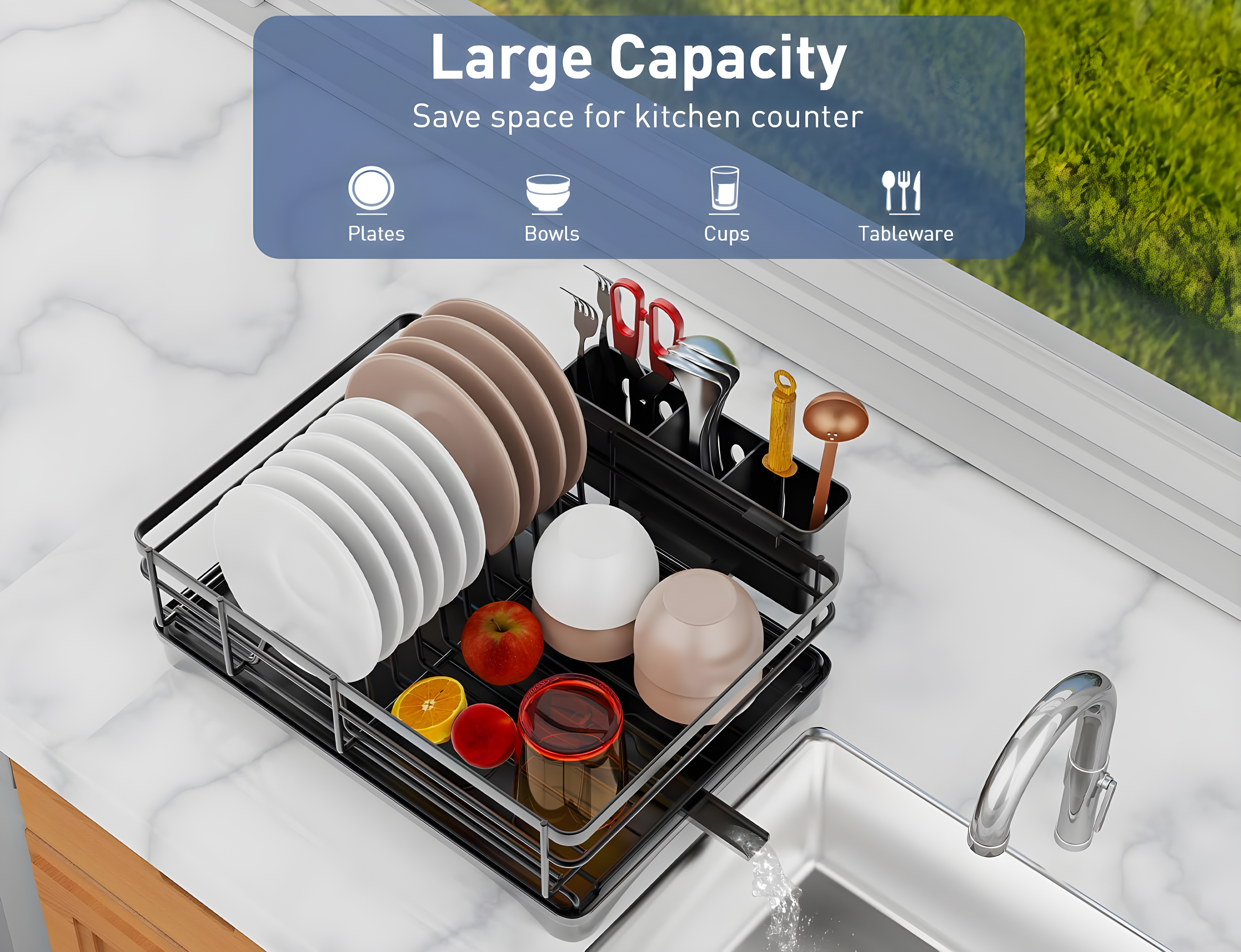 Large Dish Drying Rack for Kitchen Counter with Auto Draining Drain Broad and Removable Cutlery Holder