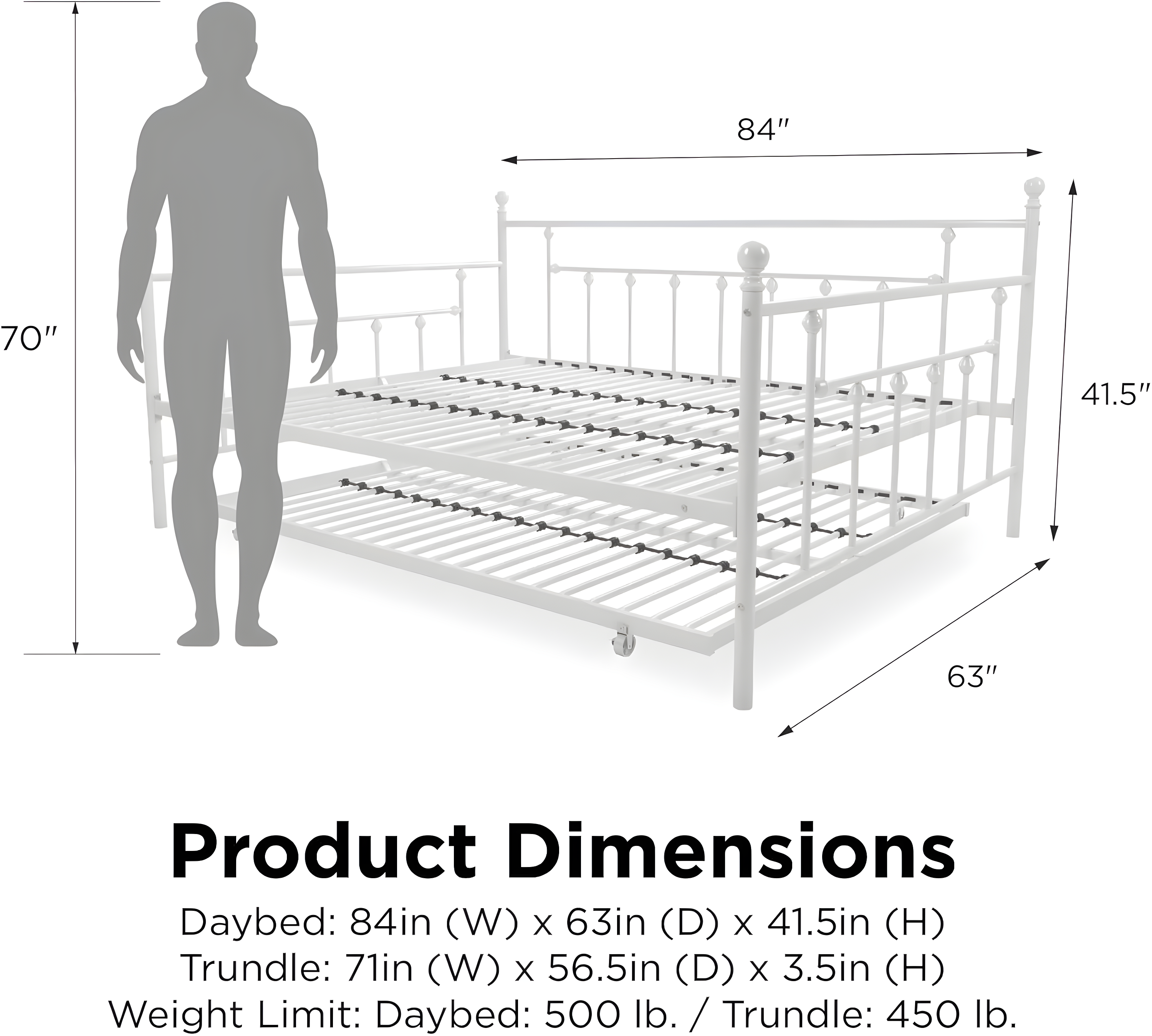DHP Manila Metal Daybed and Trundle, Queen/Full Size, White