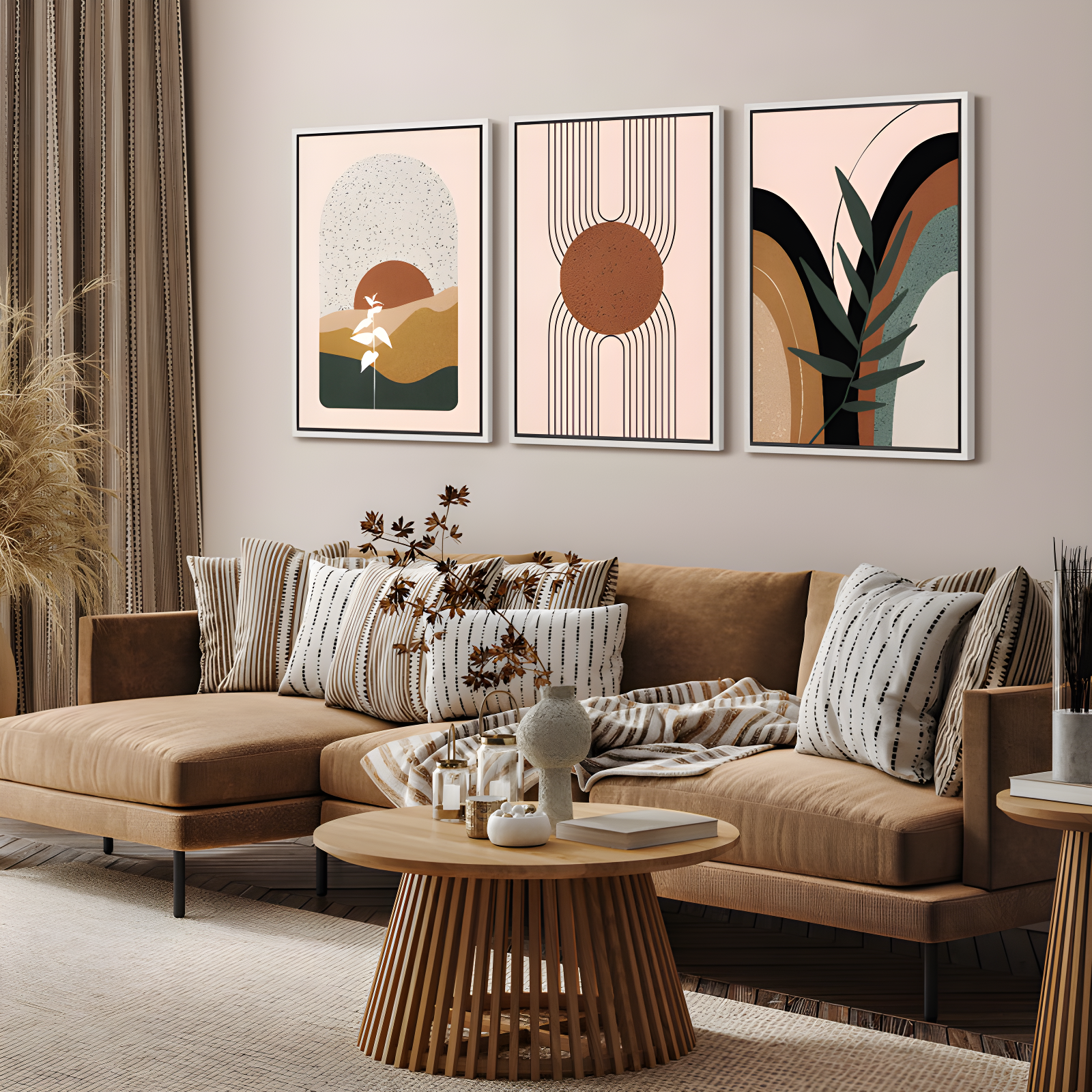 Mid Century Modern Boho IDEA4WALL Framed Canvas Print Wall Art Set Geometric Tropical Landscape Abstract Shapes Illustrations Minimalism Bohemian Decorative For Living Room, Bedroom, Office - 24"X36"X3 Natural
