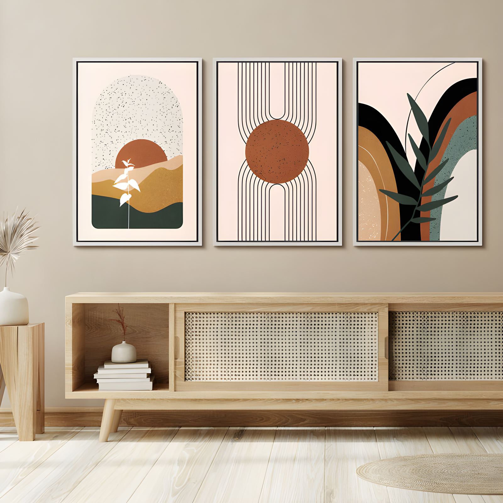 Mid Century Modern Boho IDEA4WALL Framed Canvas Print Wall Art Set Geometric Tropical Landscape Abstract Shapes Illustrations Minimalism Bohemian Decorative For Living Room, Bedroom, Office - 24"X36"X3 Natural