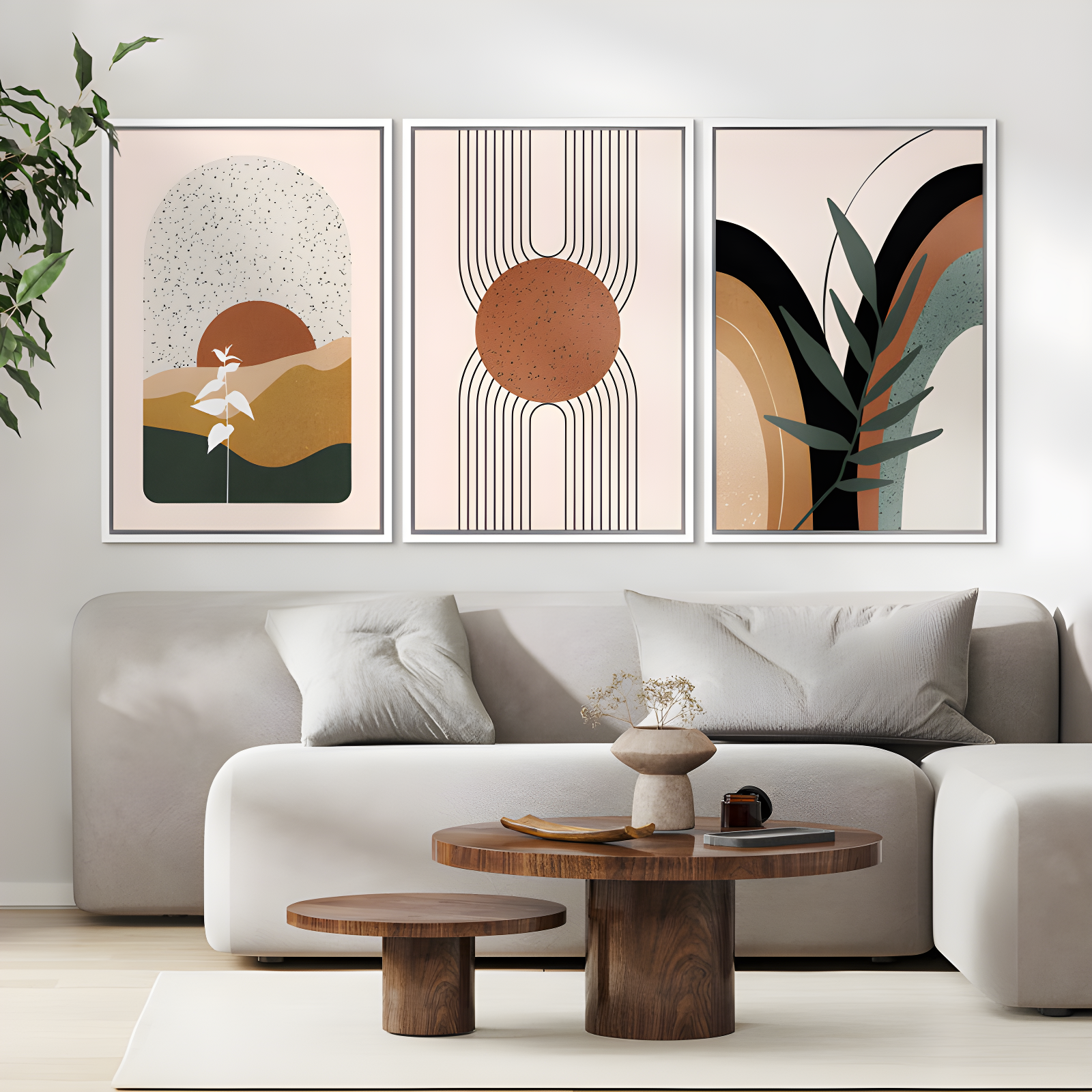 Mid Century Modern Boho IDEA4WALL Framed Canvas Print Wall Art Set Geometric Tropical Landscape Abstract Shapes Illustrations Minimalism Bohemian Decorative For Living Room, Bedroom, Office - 24"X36"X3 Natural
