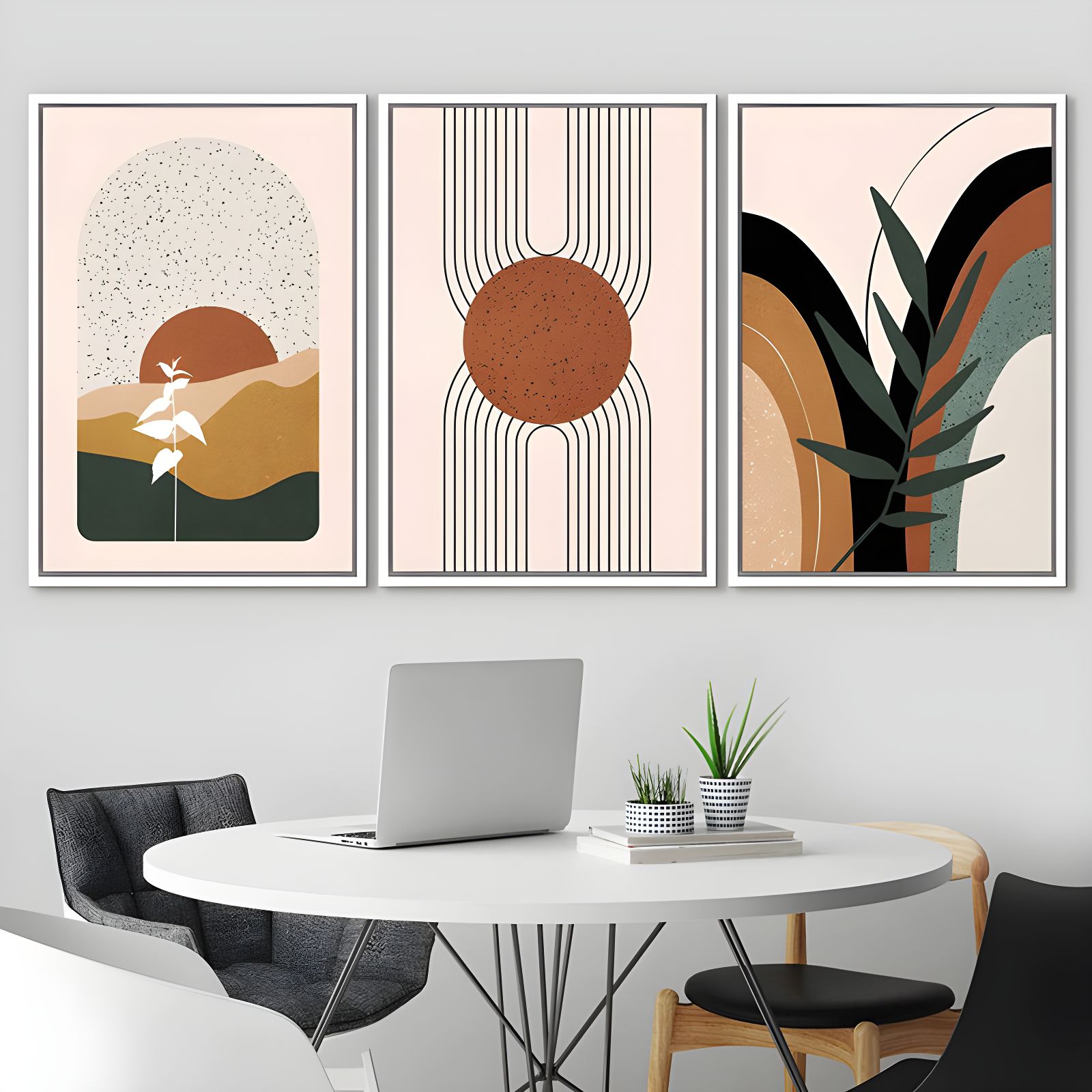 Mid Century Modern Boho IDEA4WALL Framed Canvas Print Wall Art Set Geometric Tropical Landscape Abstract Shapes Illustrations Minimalism Bohemian Decorative For Living Room, Bedroom, Office - 24"X36"X3 Natural