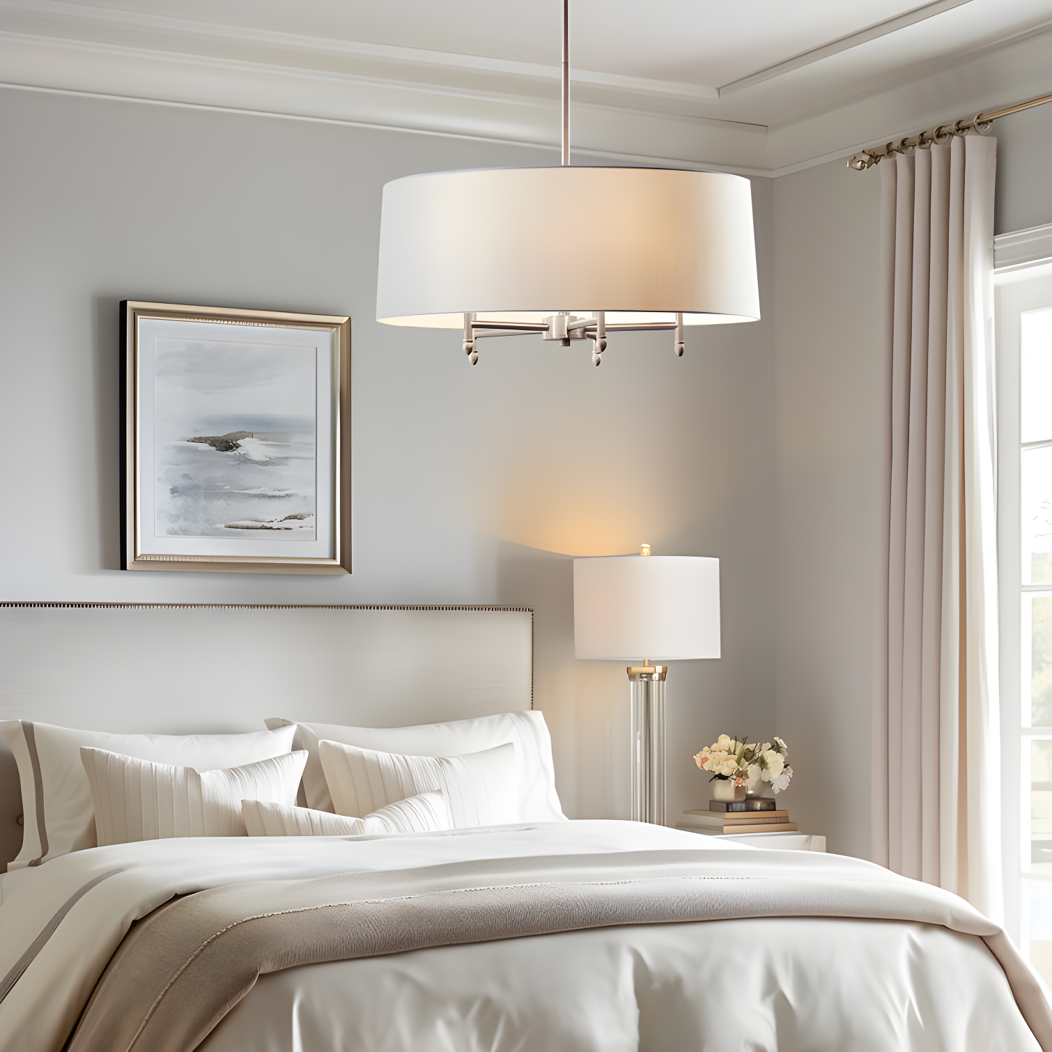 Hampton Hill Presidio 5-Light Dimmable Chandelier with Drum-shaped Fabric Shade & Adjustable Height