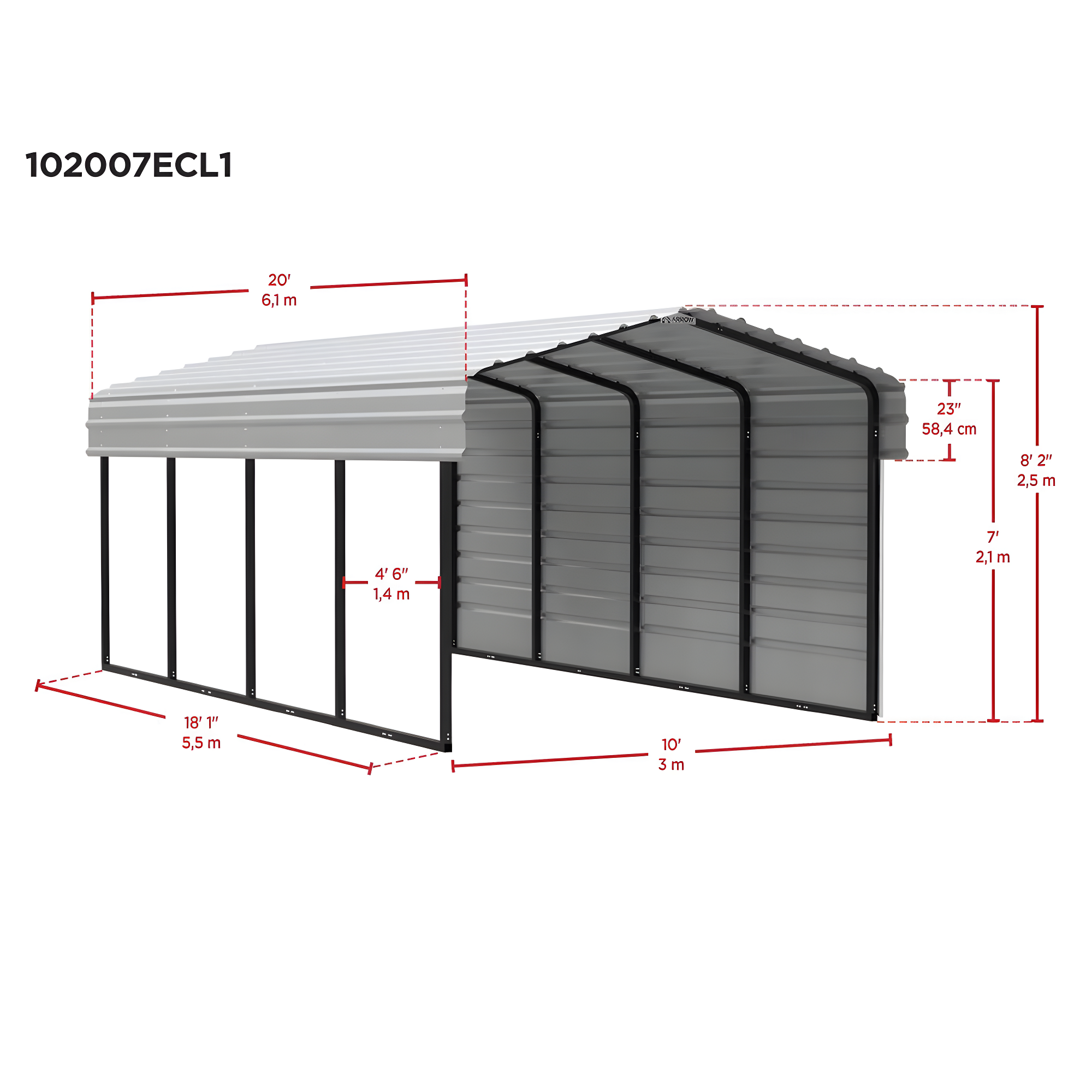 Arrow Arrow Steel Carport with 1 Side Wall Kit, 10X20X07