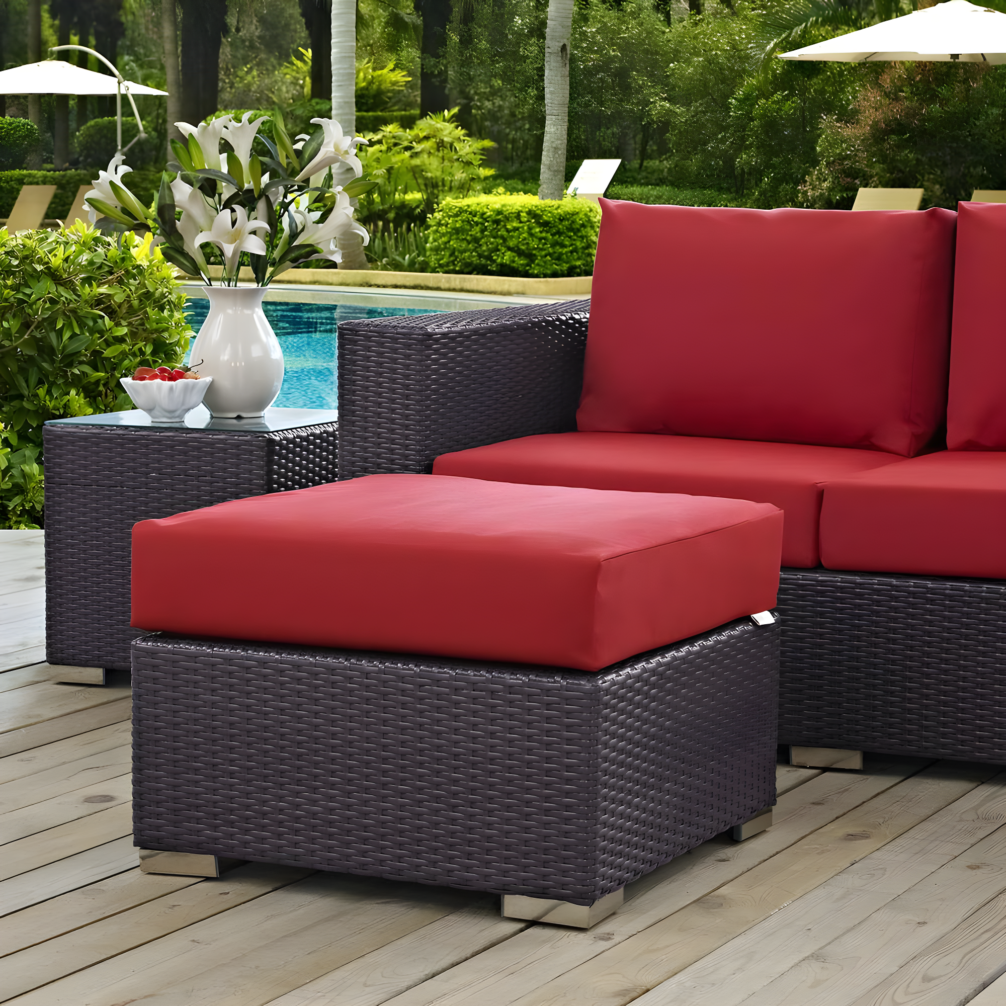 Modway Convene Outdoor Patio Fabric Square Ottoman in Espresso Red