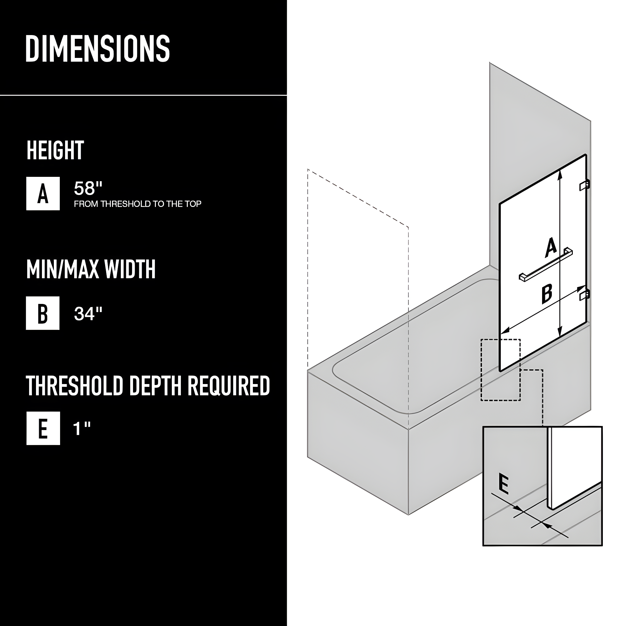 Rialto 34" W x 58" H Hinged Frameless Tub Door with with 5/16" Glass