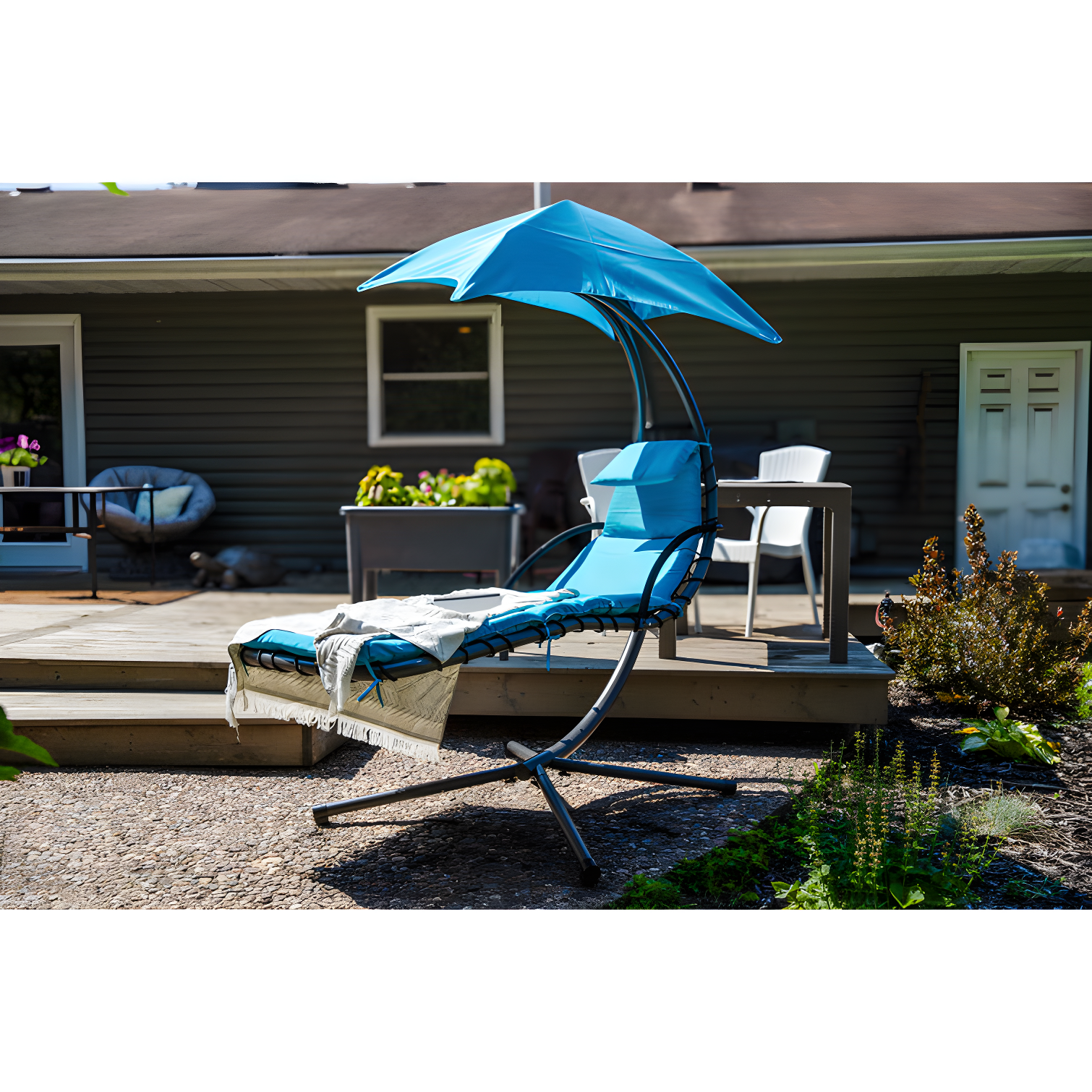 Steel Outdoor Floating Chaise Lounge Chair with Canopy with Stand