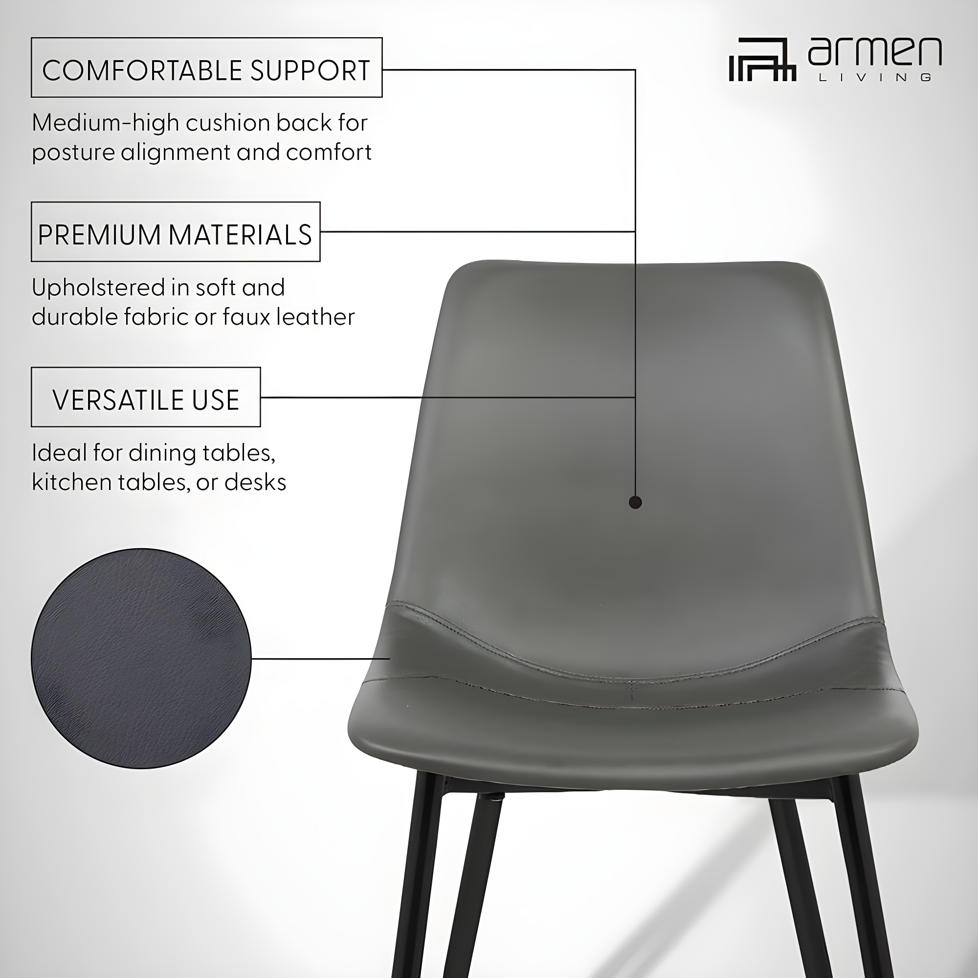 Monte Contemporary Dining Chair Faux Leather with Black Powder Coated Metal Legs - Armen Living