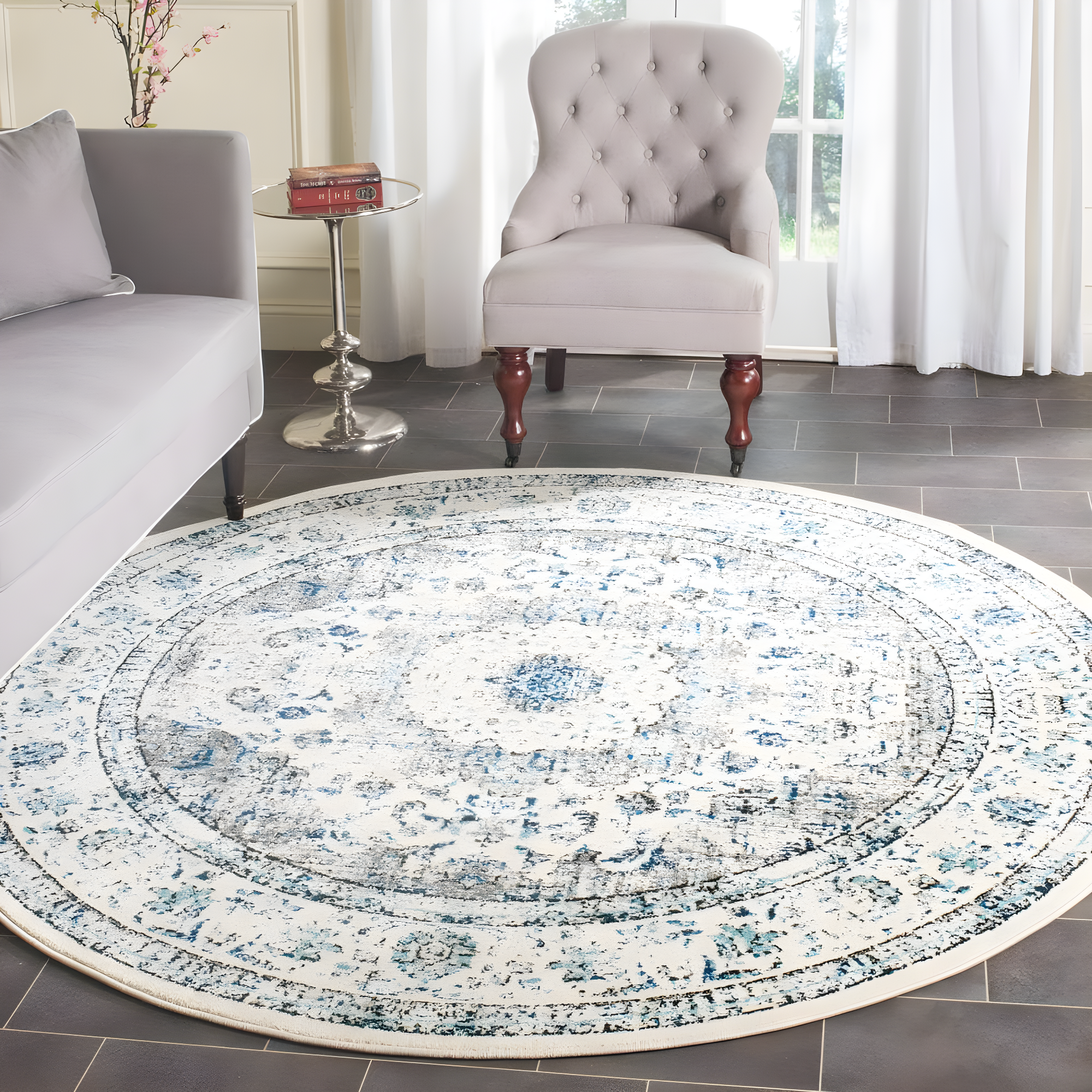 Evoke EVK220 Power Loomed Area Rug - Ivory/Grey - 6'7" Round - Safavieh.