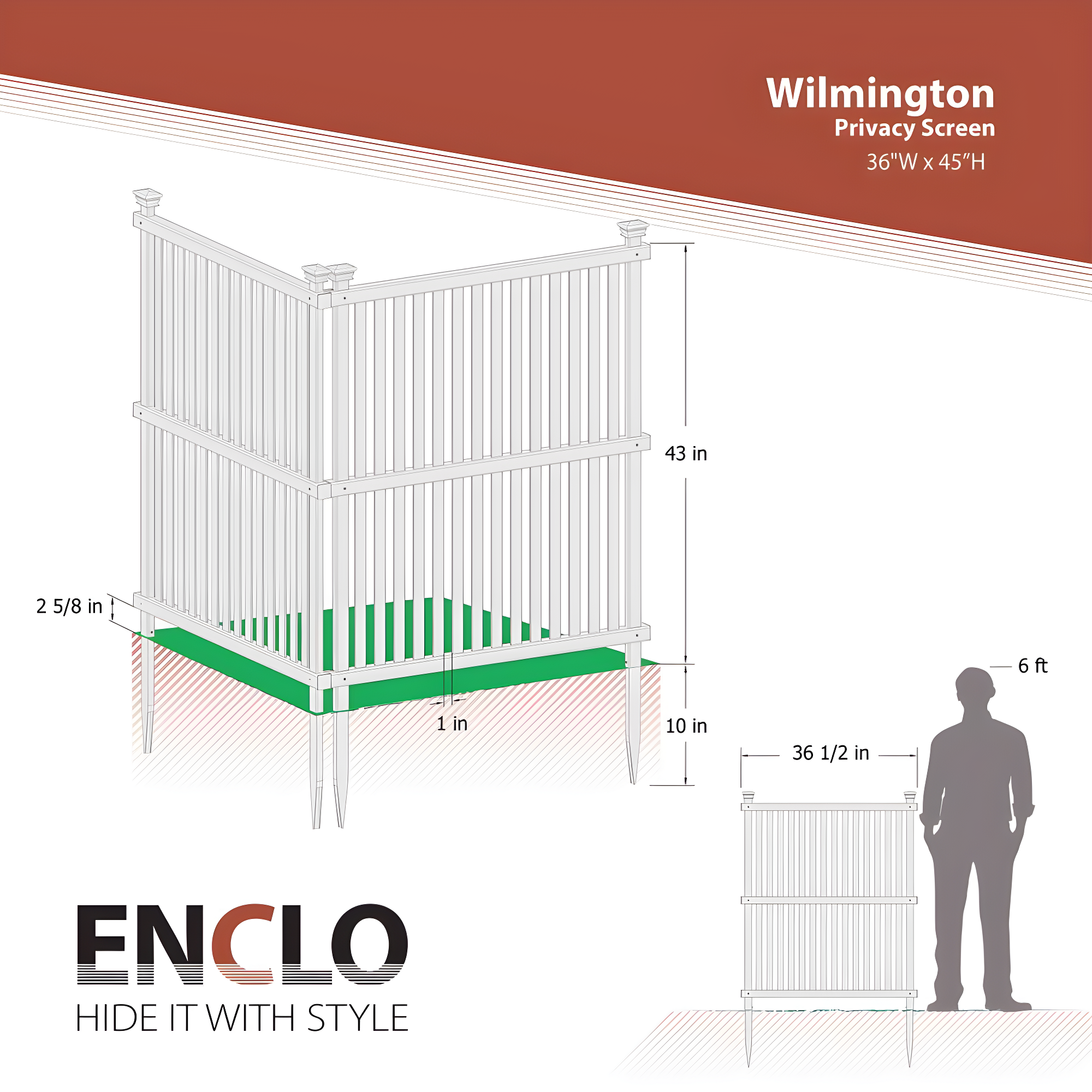Enclo 45.5in H x 36.5in W (2 Panels) No Dig Enclo Wilmington White Vinyl Privacy Screen, Outdoor Privacy Panels, Trash Can Enclosure, Air Conditioner Fence, Pool Equipment Enclosure, ZP19008