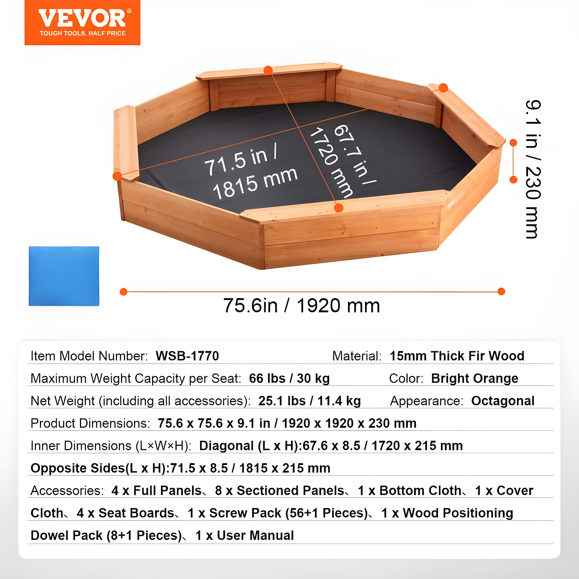 VEVOR Wooden Sandbox with Cover, 75.6 x 75.6 x 9.1 in Octagonal Sand Box, Sand Pit with 4 Seating and Bottom Liner