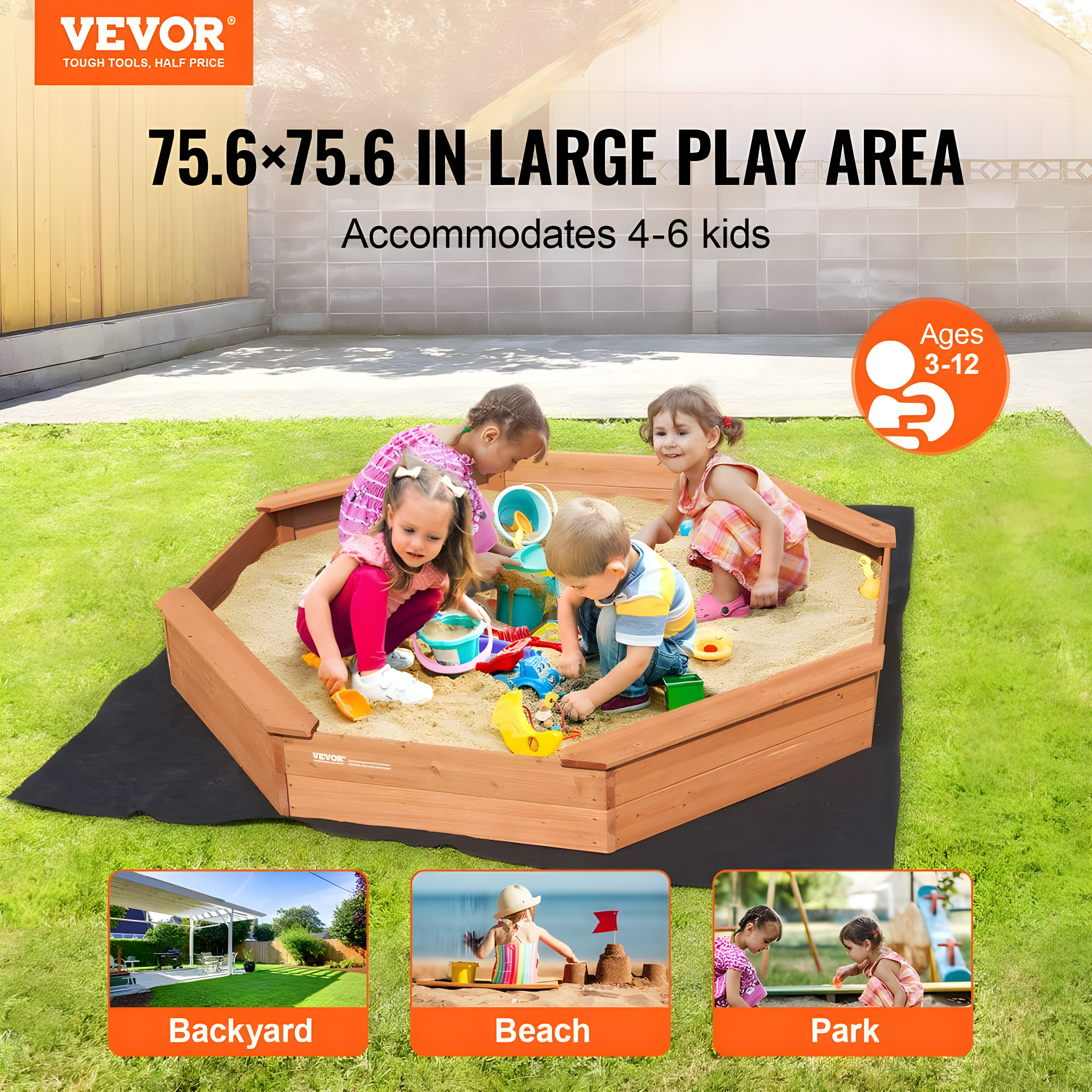 VEVOR Wooden Sandbox with Cover, 75.6 x 75.6 x 9.1 in Octagonal Sand Box, Sand Pit with 4 Seating and Bottom Liner