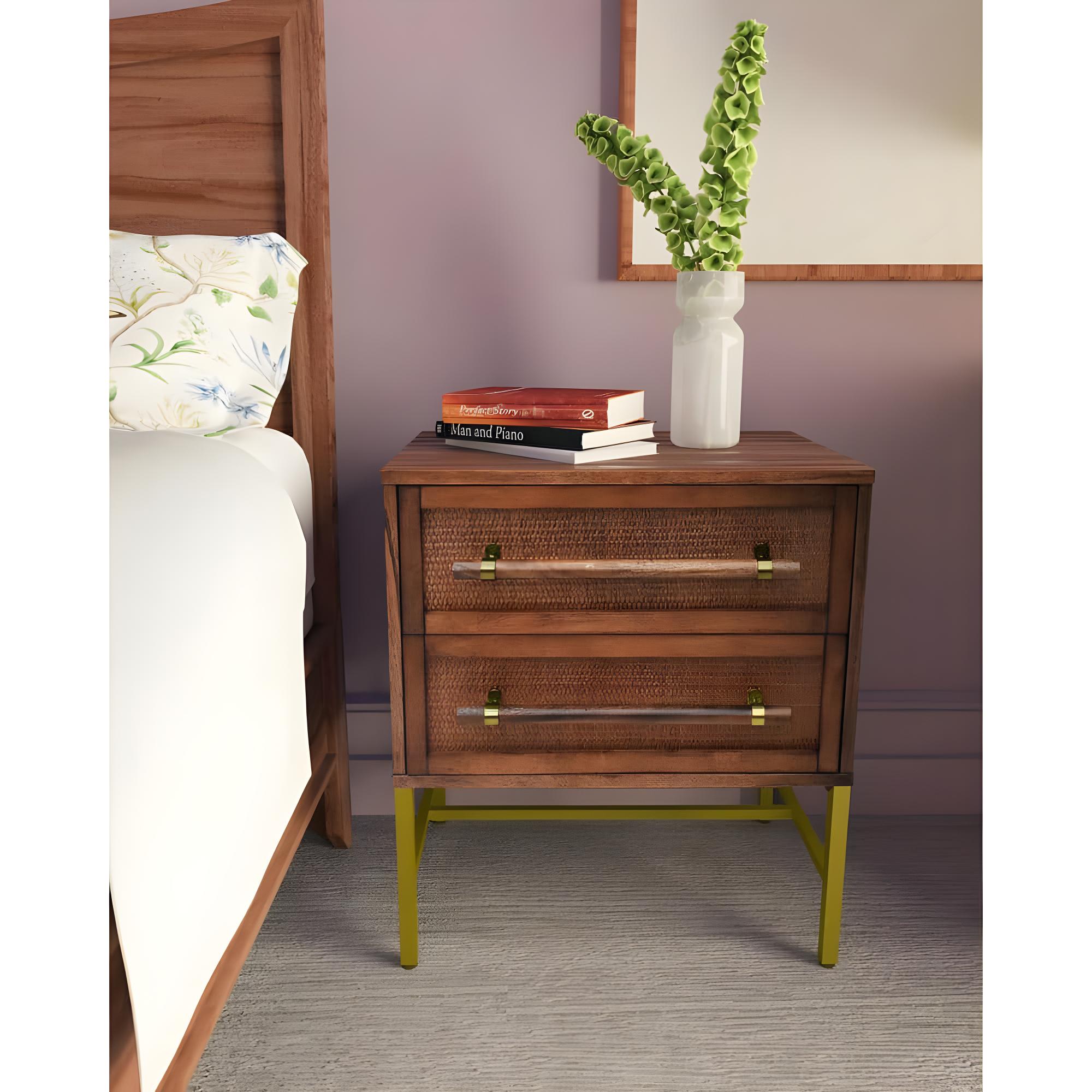 Hopper Studio Hopper Studio Sophia Solid Wood 2-Drawer Rattan Nightstand, Stylish Storage For Modern Homes