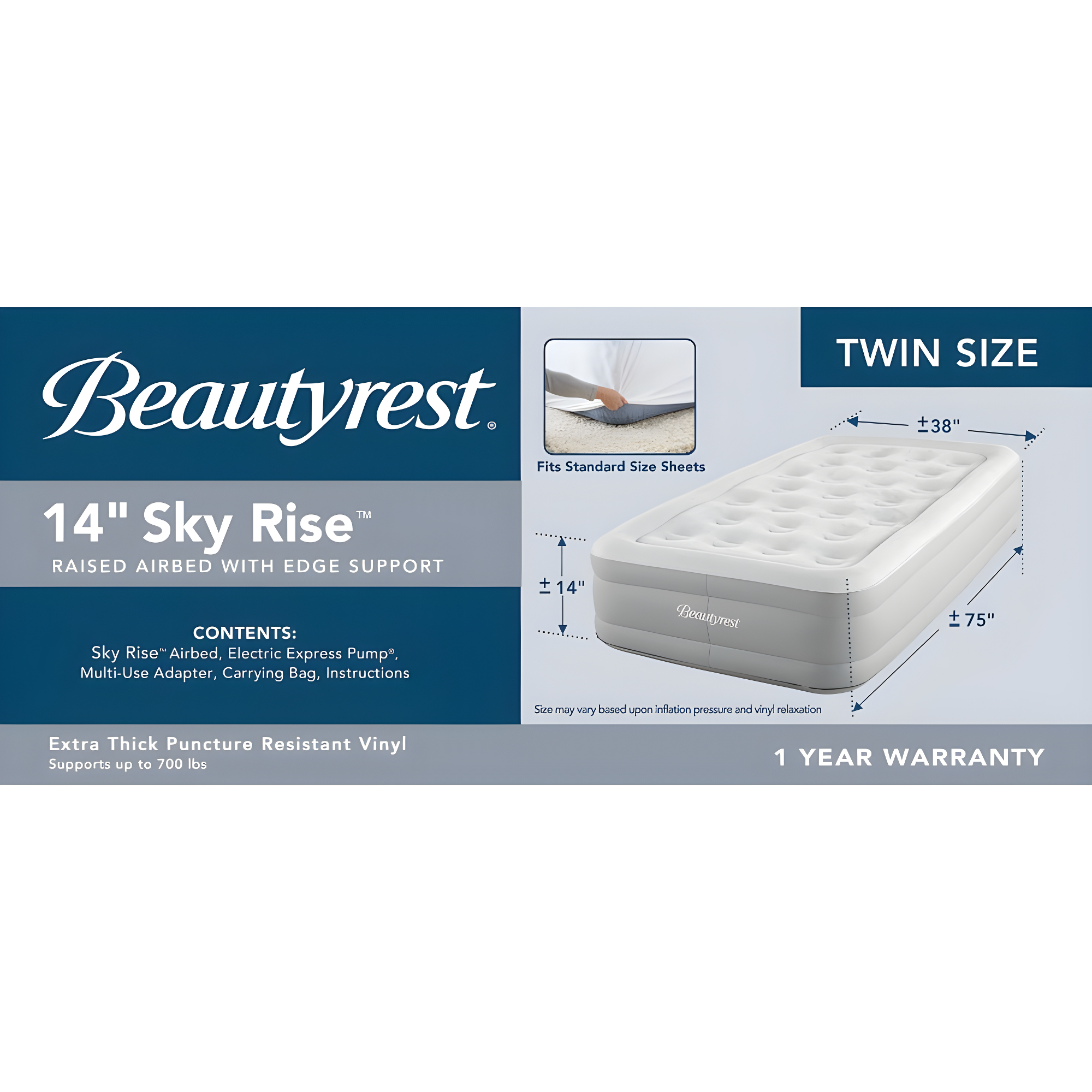 Beautyrest Beautyrest Sky Rise Inflatable Air Mattress, Electric Air Pump, Puncture Resistant Vinyl, Guest Bed