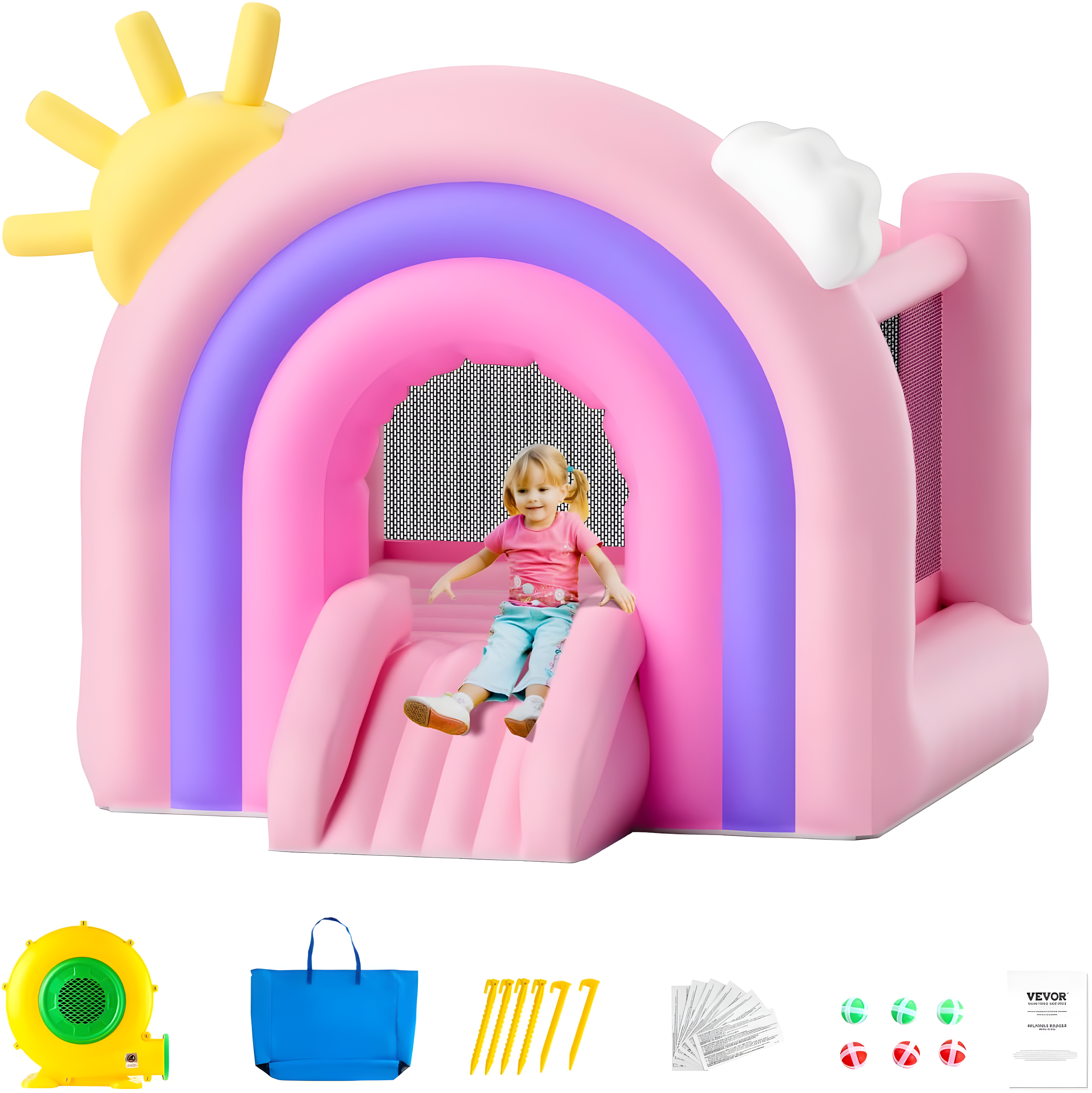 VEVOR White Bounce House, Toddler Bounce House for Kids 1-3, Inflatable Nightclub for Girls Age 4–8 Jumping Bouncer with Blower, Slide, Storage Bag, Family Backyard Bouncy Castle, 110x91x91 inch
