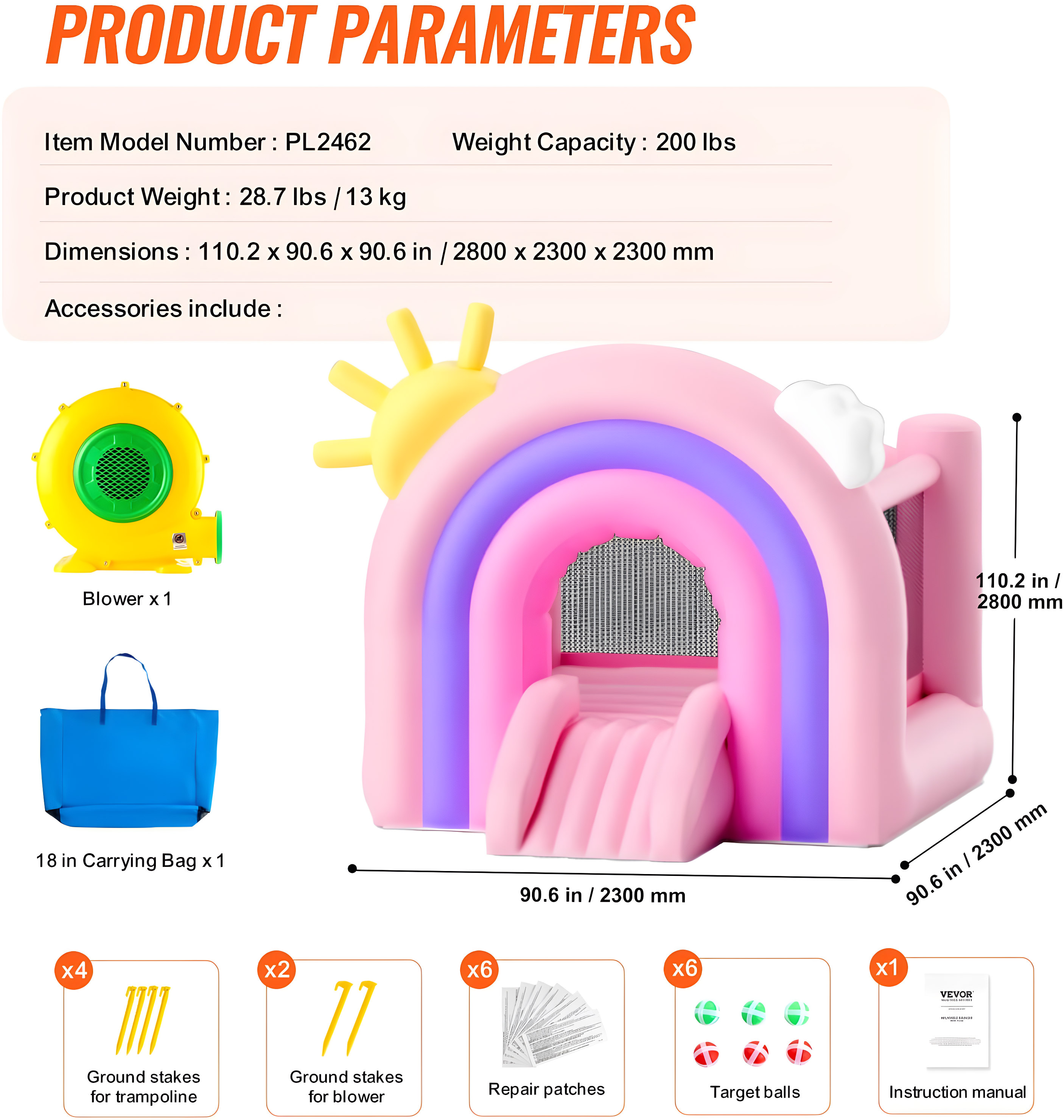 VEVOR White Bounce House, Toddler Bounce House for Kids 1-3, Inflatable Nightclub for Girls Age 4–8 Jumping Bouncer with Blower, Slide, Storage Bag, Family Backyard Bouncy Castle, 110x91x91 inch