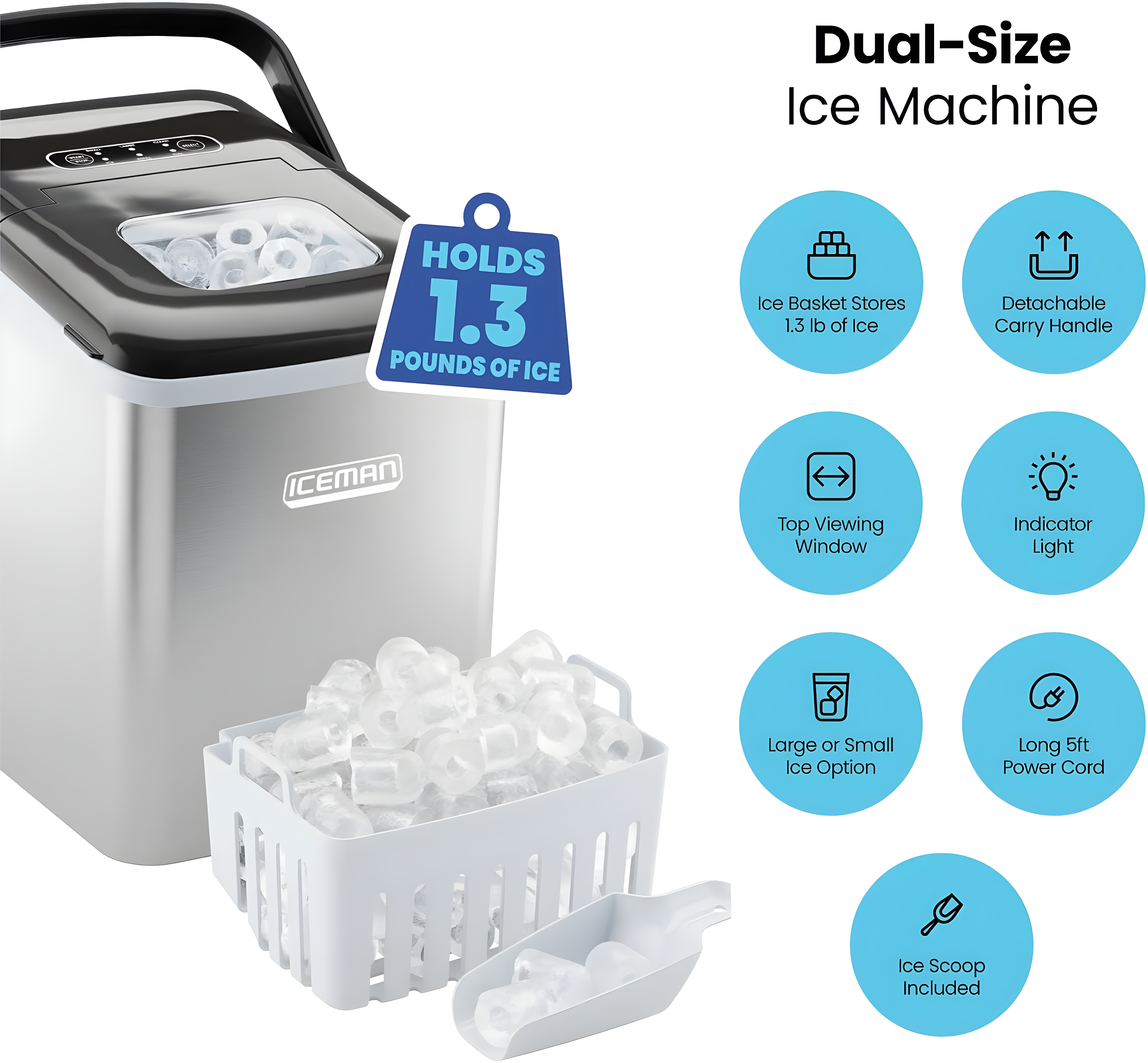 Iceman Dual-Size Countertop Bullet Ice Machine w/ 1.3lb Capacity - Stainless Steel