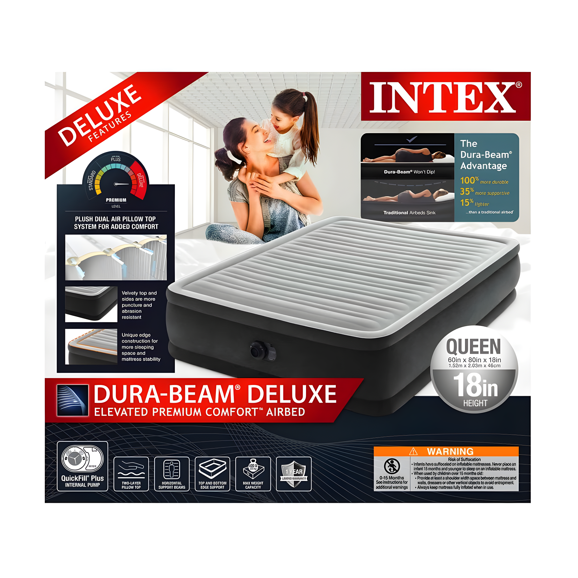 INTEX Dura-Beam Deluxe Comfort-Plush Elevated Air Mattress: Fiber-Tech – Queen Size – Built-in Electric Pump – 18in Bed Height – 600lb Weight Capacity